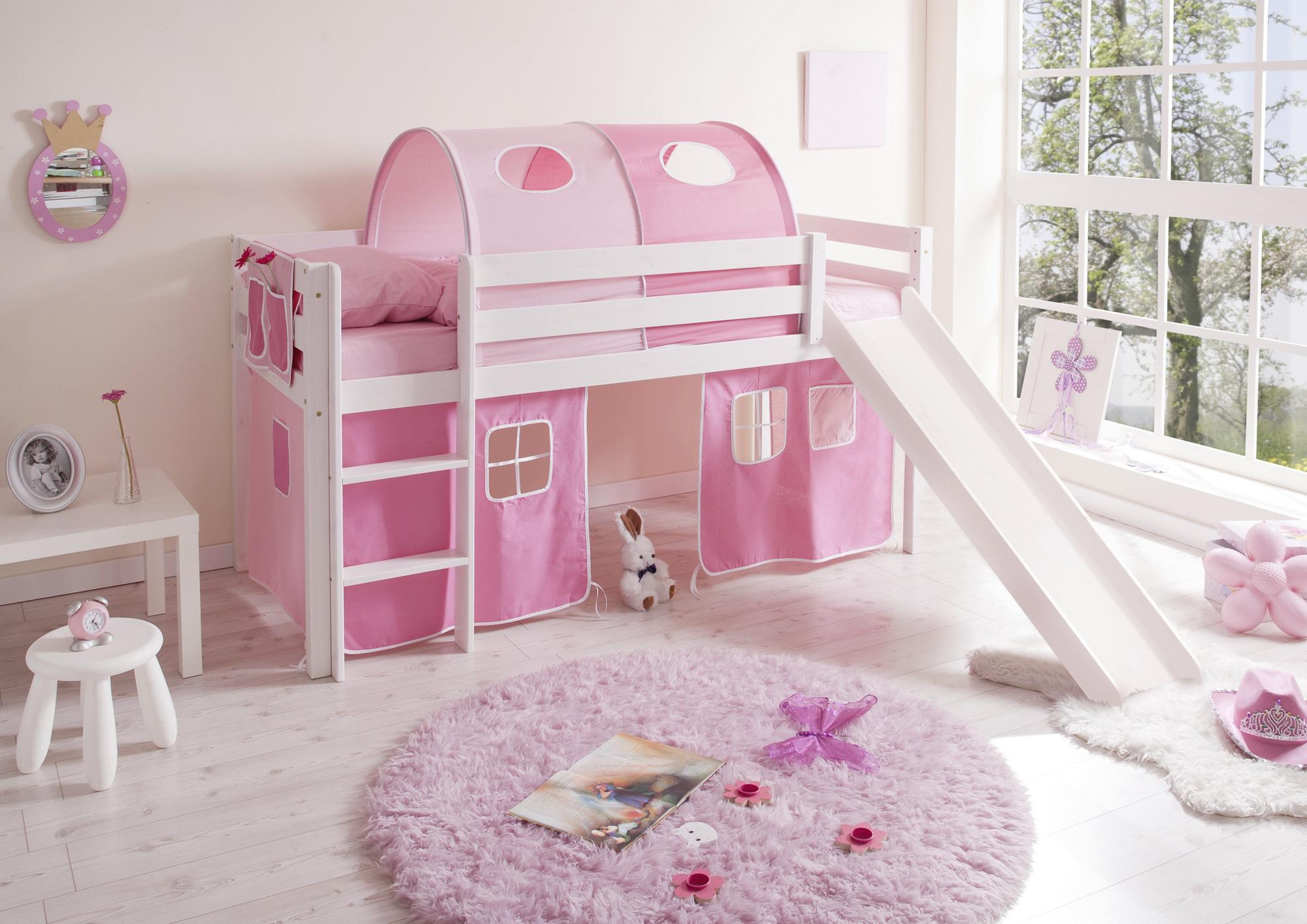 Spielbett Manuel Weiß/rosa Kiefer Massiv 90 Cm Rutsche - Hellrosa/Rosa, Natur, Holz (90/200cm) - MID.YOU