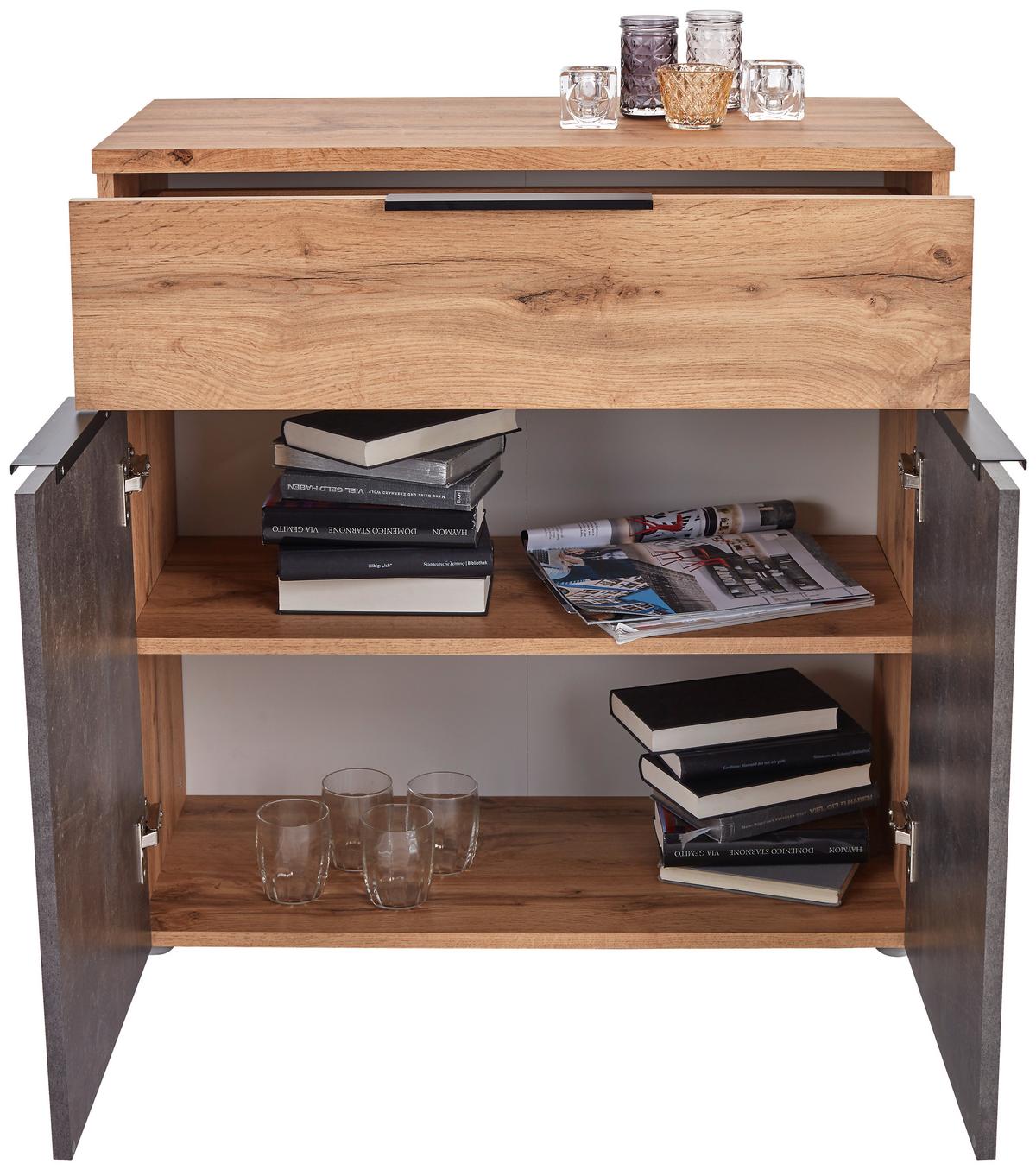 Kommode 80cm Kai, Wotan Eiche Dekor - Eichefarben/Alufarben, MODERN, Holzwerkstoff (80/80/39cm)
