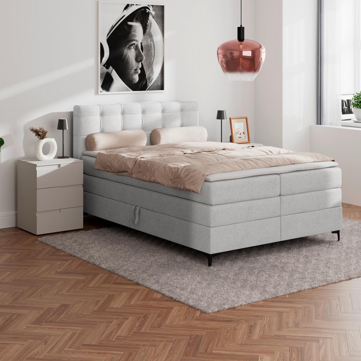 Boxspringbett MITTO Silberfarben 140x200 cm - Silberfarben/Schwarz, KONVENTIONELL, Textil/Metall (140/200cm)