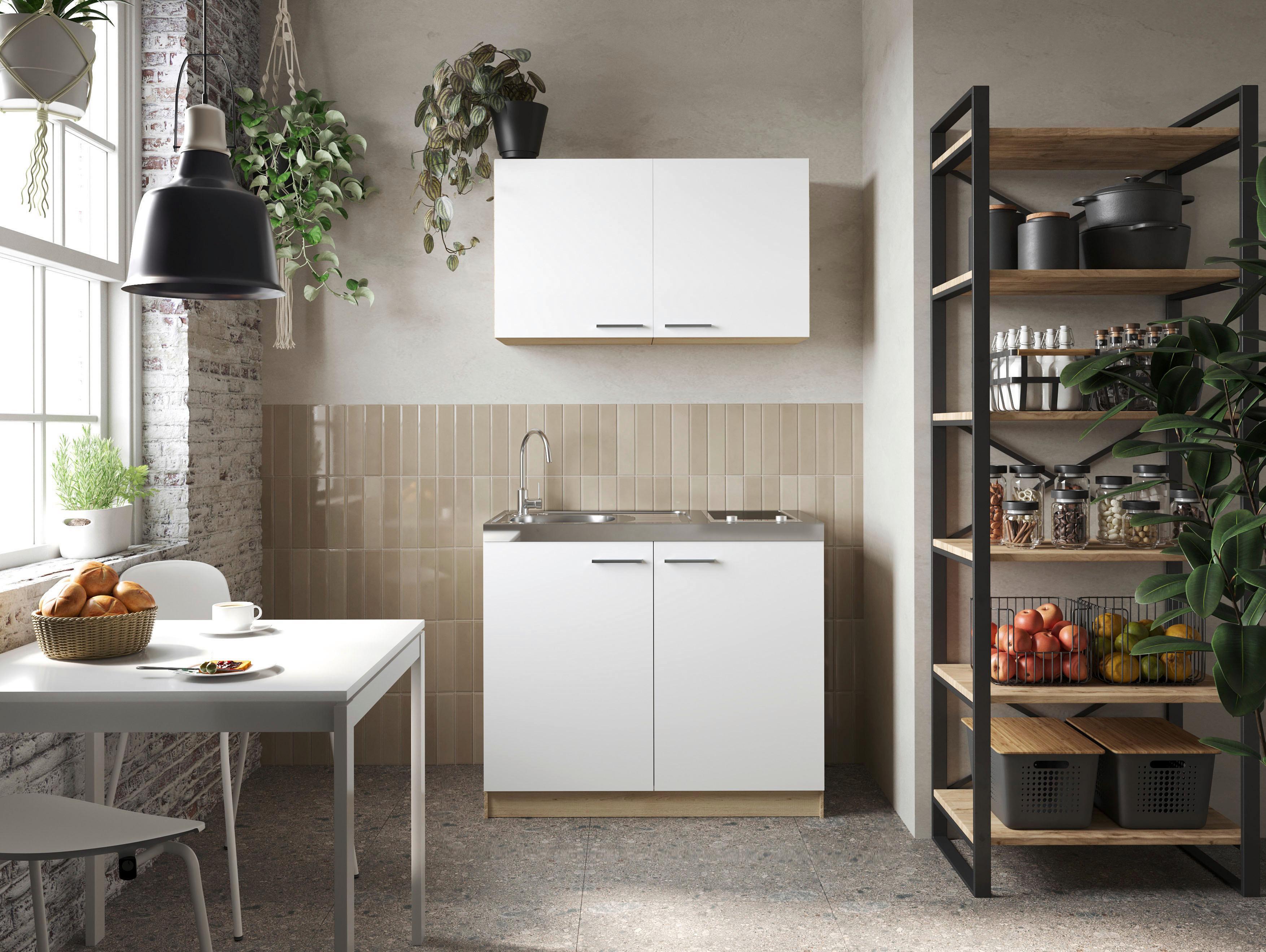 Miniküche Merle Weiß/Eiche Dekor B:100cm - Eichefarben/Weiß, Basics, Holzwerkstoff/Metall (100cm) - Respekta