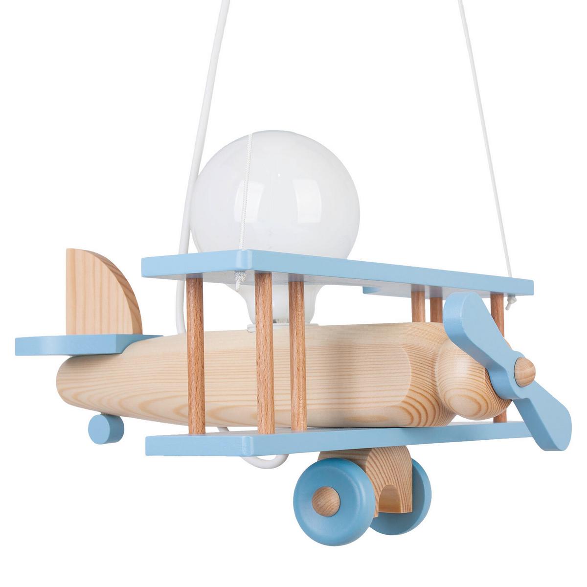 Kinderhängeleuchte Flugzeug H: 75 Cm 1-Flammig - Blau/Naturfarben, KONVENTIONELL, Holz (29/31/75cm)