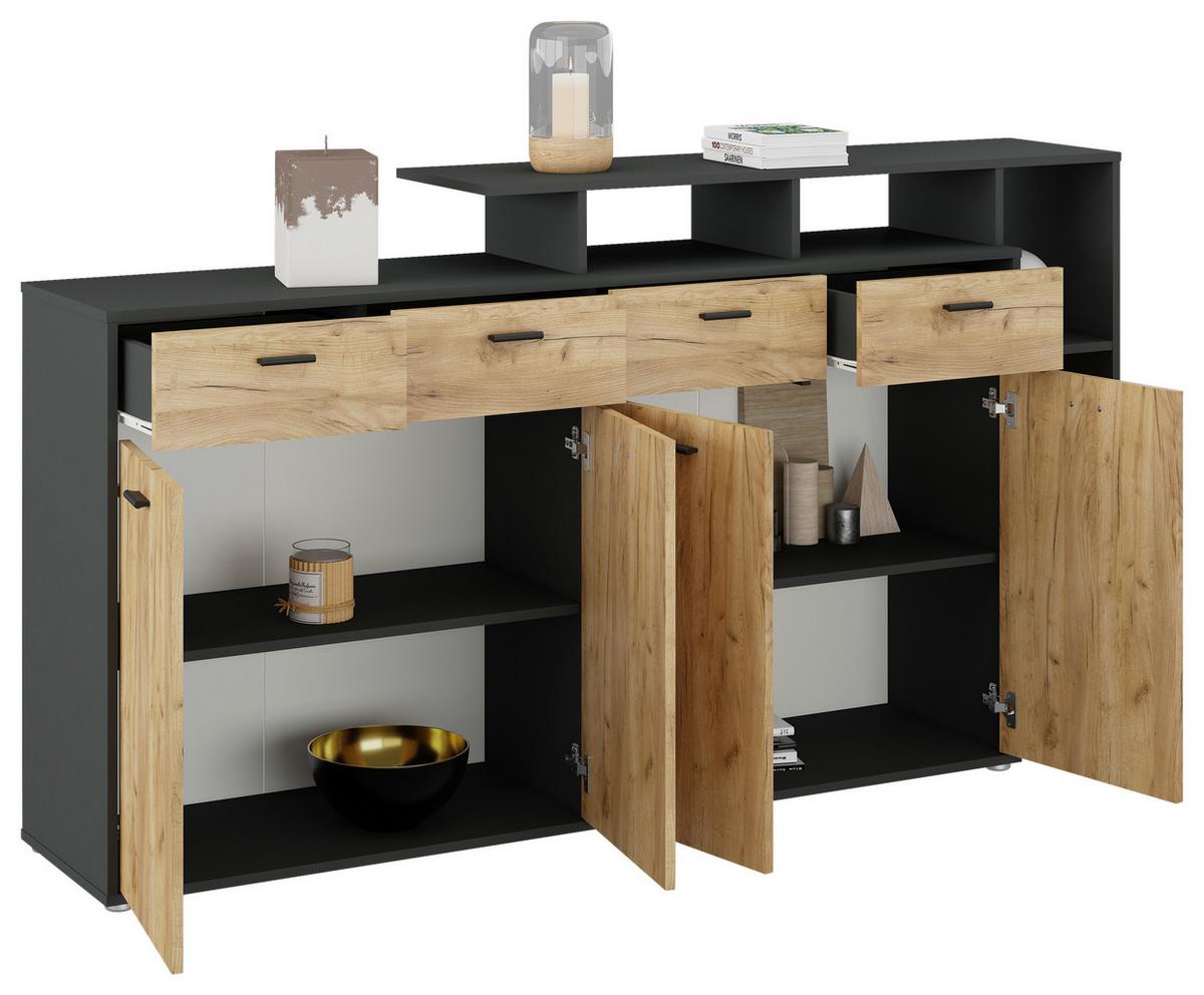 Kommode mit Aufsatz B 190cm Tom, Eiche Dekor/Anthrazit - Anthrazit/Eiche Artisan, MODERN, Holz (190/105/40cm)