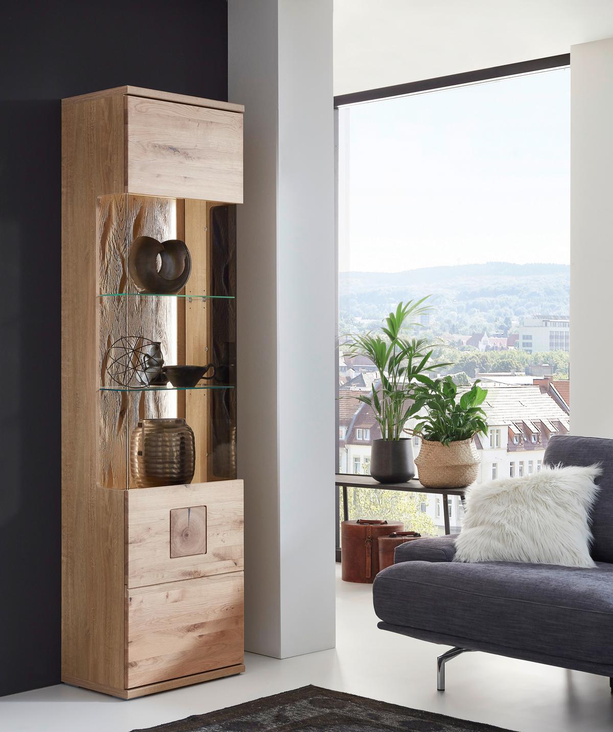 VITRINE KANSAS - Alteiche/Grau, KONVENTIONELL, Glas/Holz (55/208,6/37,4cm) - Livetastic