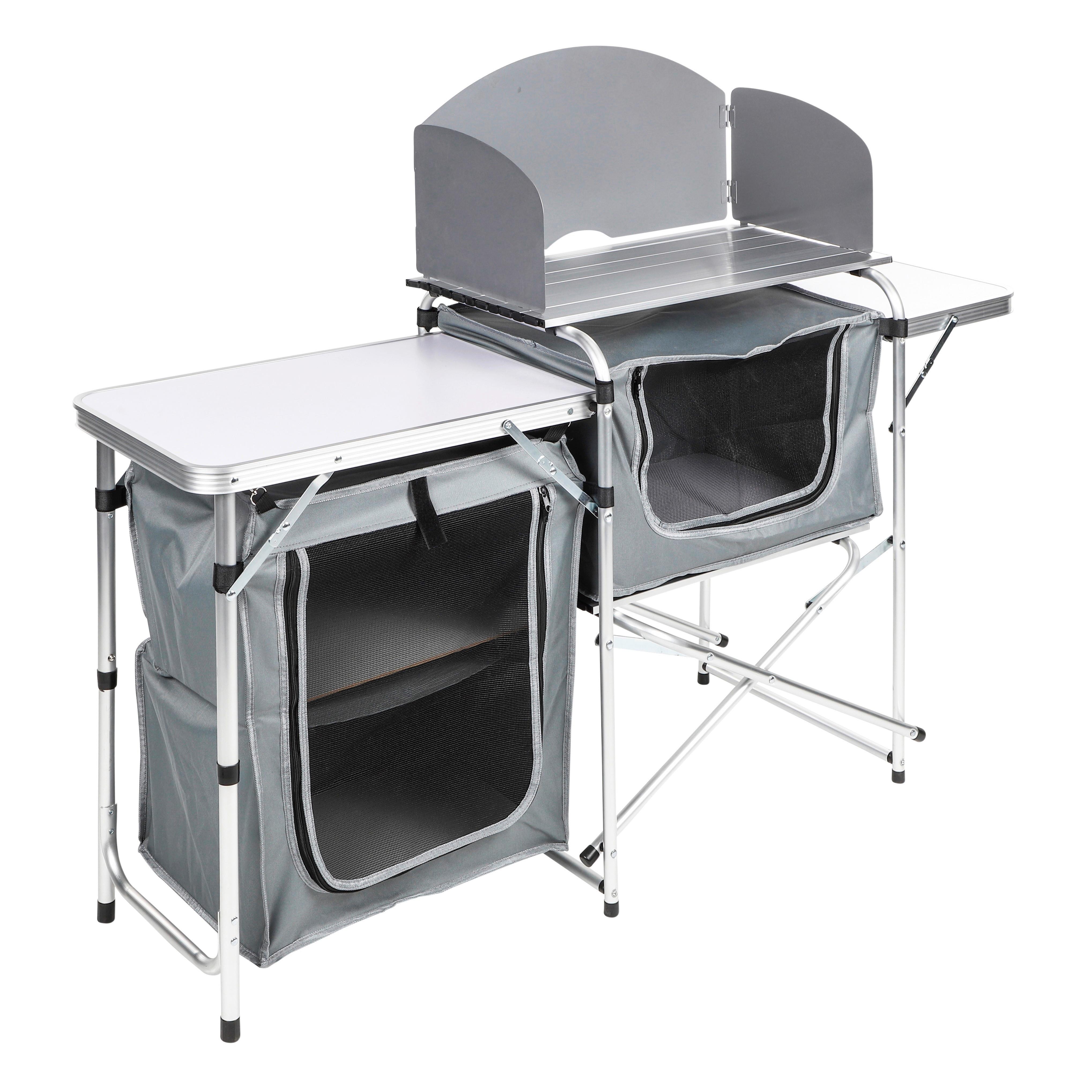 Campingschrank mit viel Stauraum, Windschutz und Tischplatte