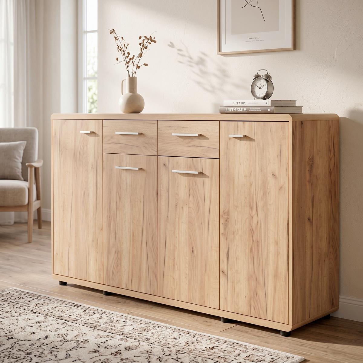 Kommode mit Türdämpfer B 174cm Fontana, Kraft Eiche Dekor - Eichefarben/Schwarz, MODERN, Holzwerkstoff (174/87/40cm)