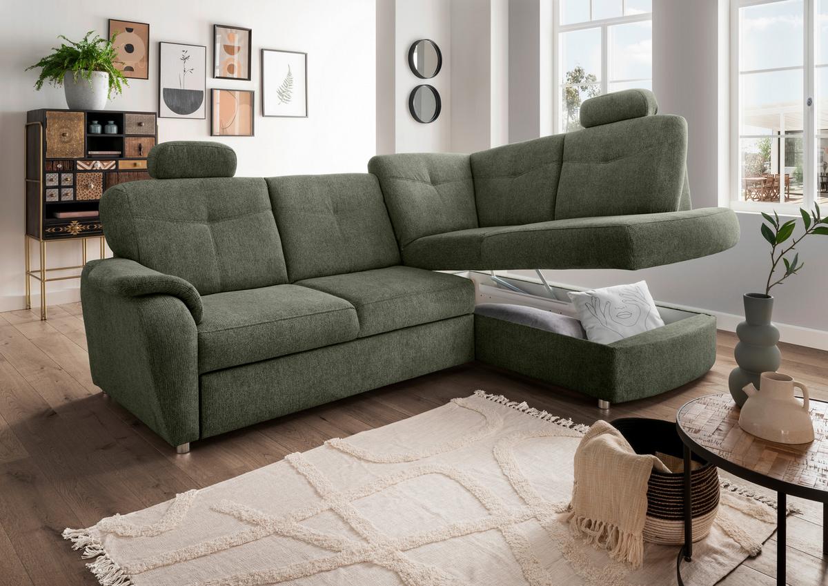 Eckschlafsofa Rosali Dunkelgrün S: 264x180 Cm - Chromfarben/Dunkelgrün, MODERN, Textil (264/180cm) - Livetastic