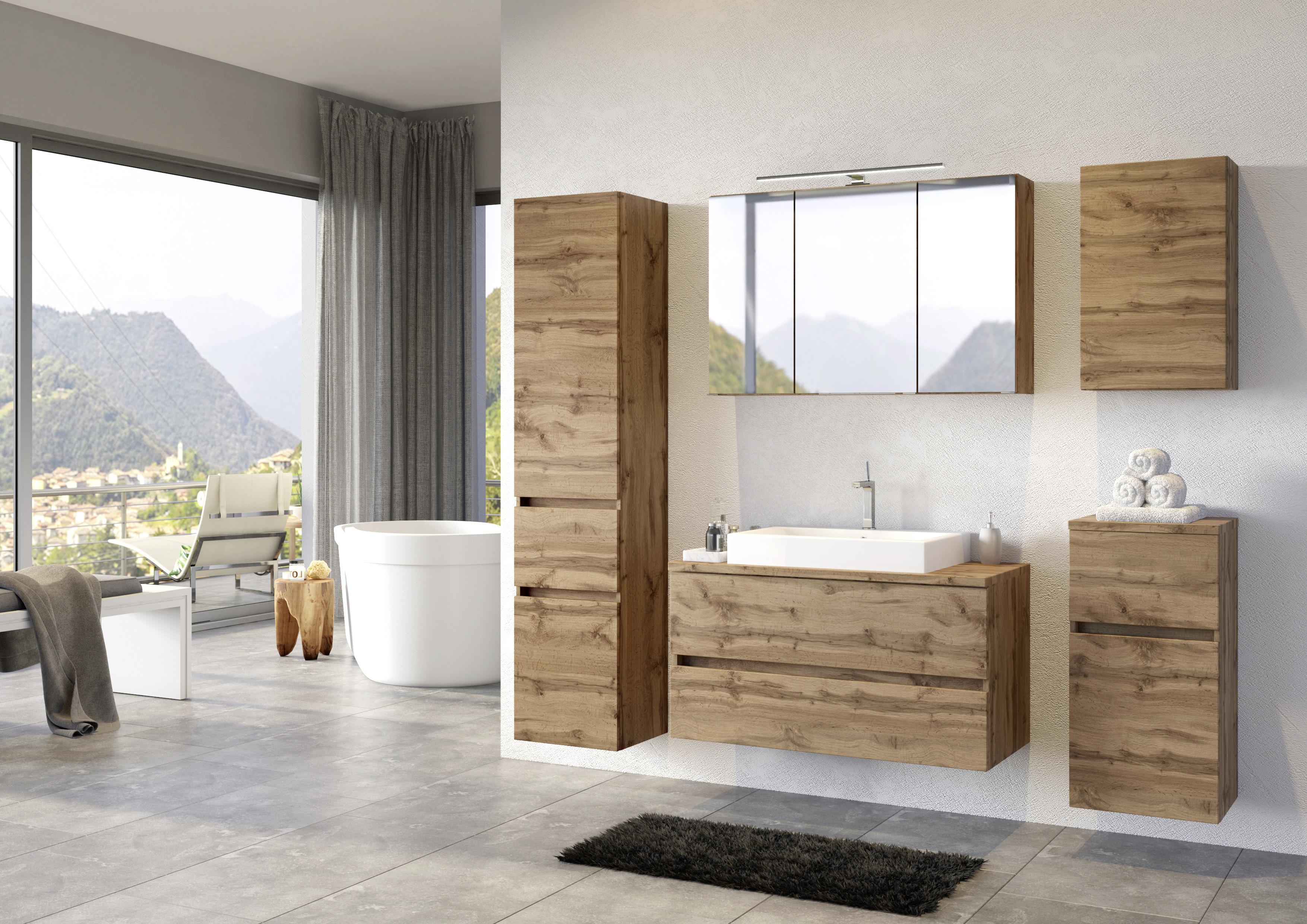 Waschbecken mit Unterschrank Pienza B: 100 cm Eiche Dekor - Eiche Wotan/Weiß, MODERN, Keramik/Holzwerkstoff (100cm) - Held