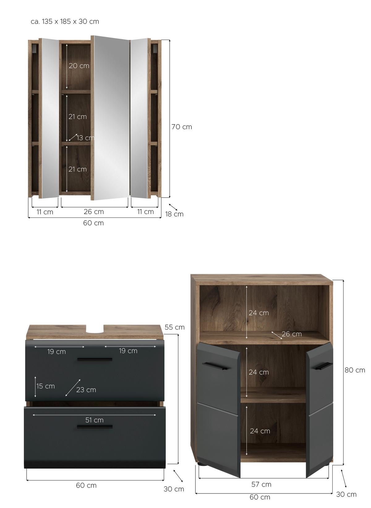 Badezimmer Ice Schwarz/Eiche Dekor B: 120cm - Eiche dunkel/Schwarz, Basics, Holzwerkstoff (120cm) - MID.YOU