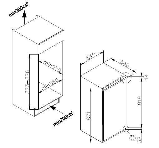 Einbaukühlschrank H: 87,3 cm 134 L - Weiß, Basics, Glas/Metall (54/87,1/54cm) - Amica