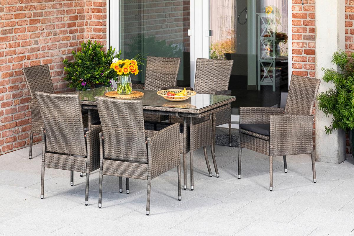 Gartengarnitur 13-Tlg Sevilla Kunststoff/Aluminium mit Kissen - Braun, MODERN, Glas/Kunststoff - Gardenson