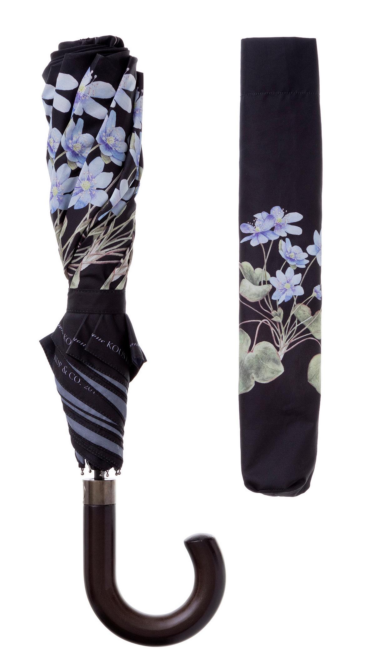 REGENSCHIRM BLUE ANEMONE - Schwarz/Dunkelblau, Basics, Holz/Textil (105cm)