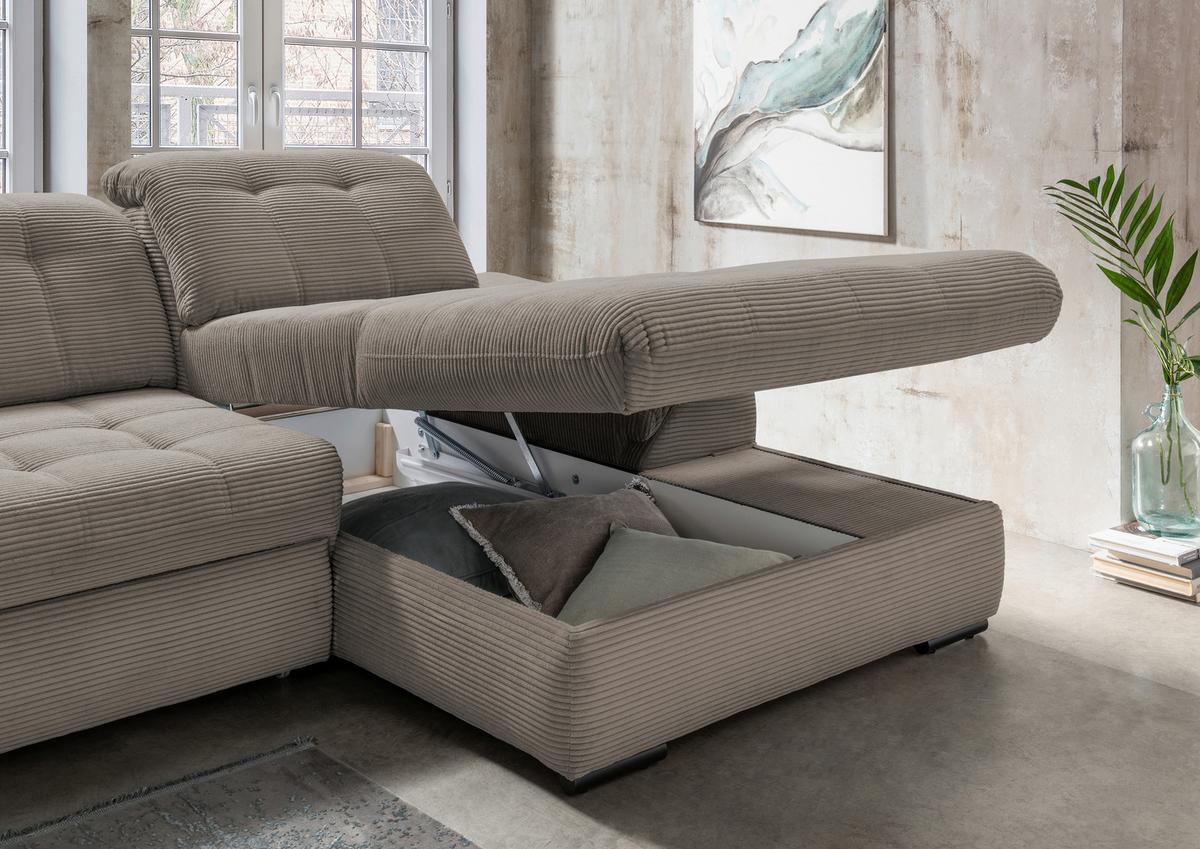 Ecksofa mit Bettkasten Rigatti Graubraun S: 314x184cm - Graubraun/Schwarz, MODERN, Textil (314/184cm) - Livetastic