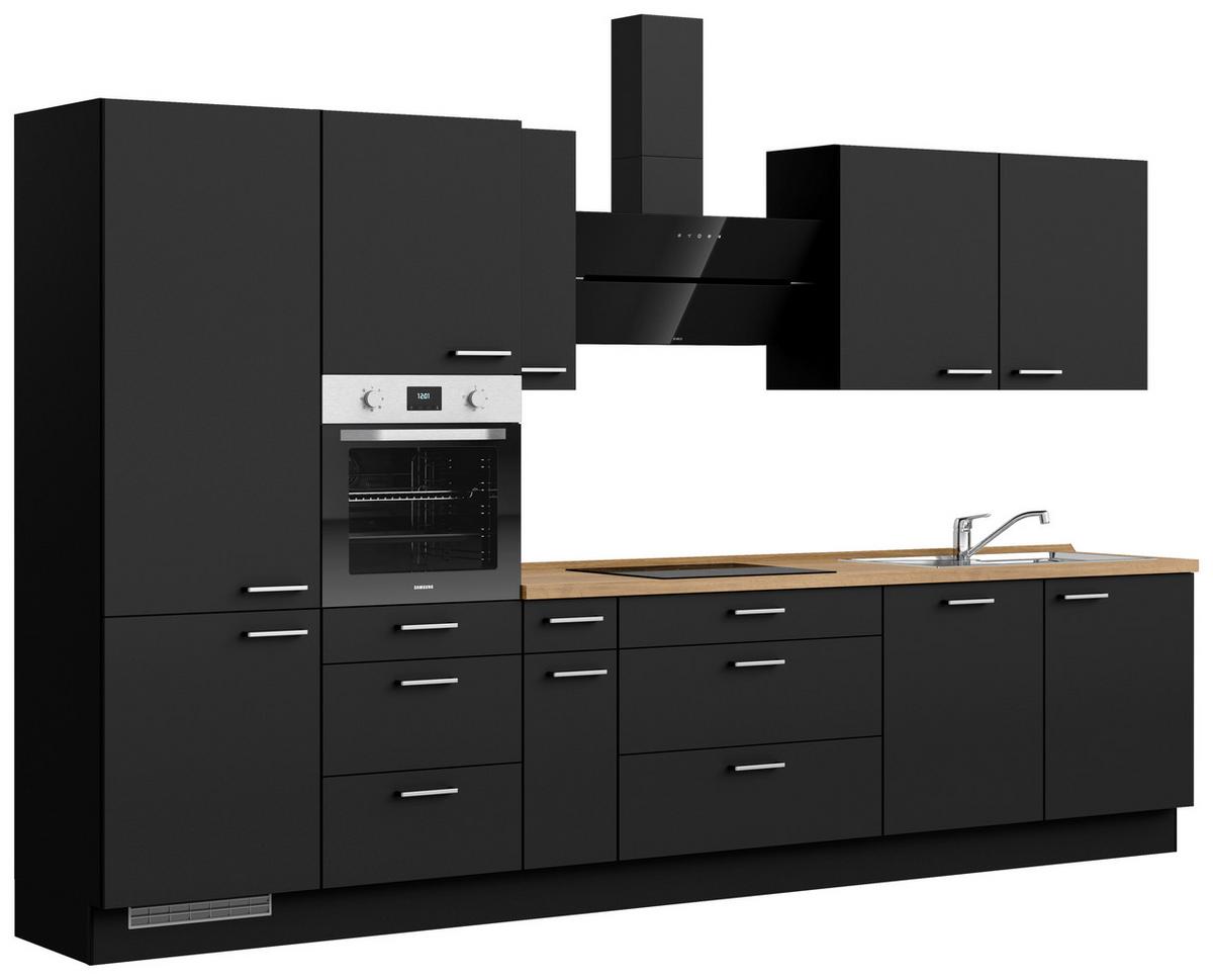 Kuchyňská linka 360 cm, černá matná/ barva dub - černá/barvy dubu, Moderní, kov/kompozitní dřevo (360cm) - Nobilia