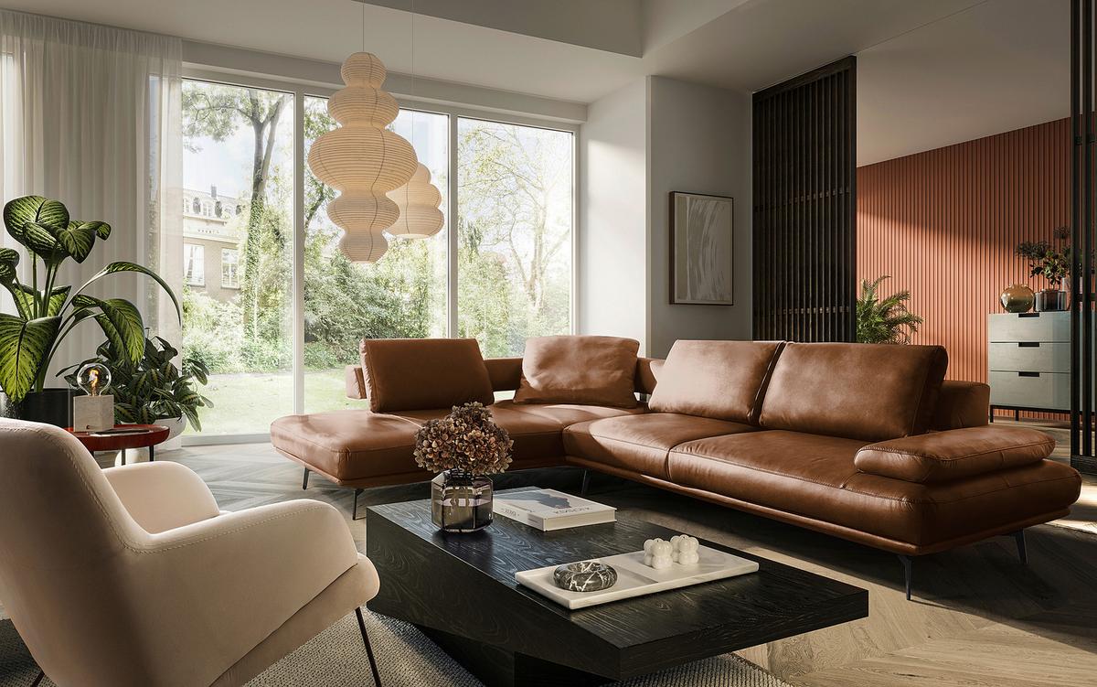 Ecksofa Como Echtleder Cognac 237x306 - Cognac/Schwarz, Design, Leder (237/306cm) - Livetastic