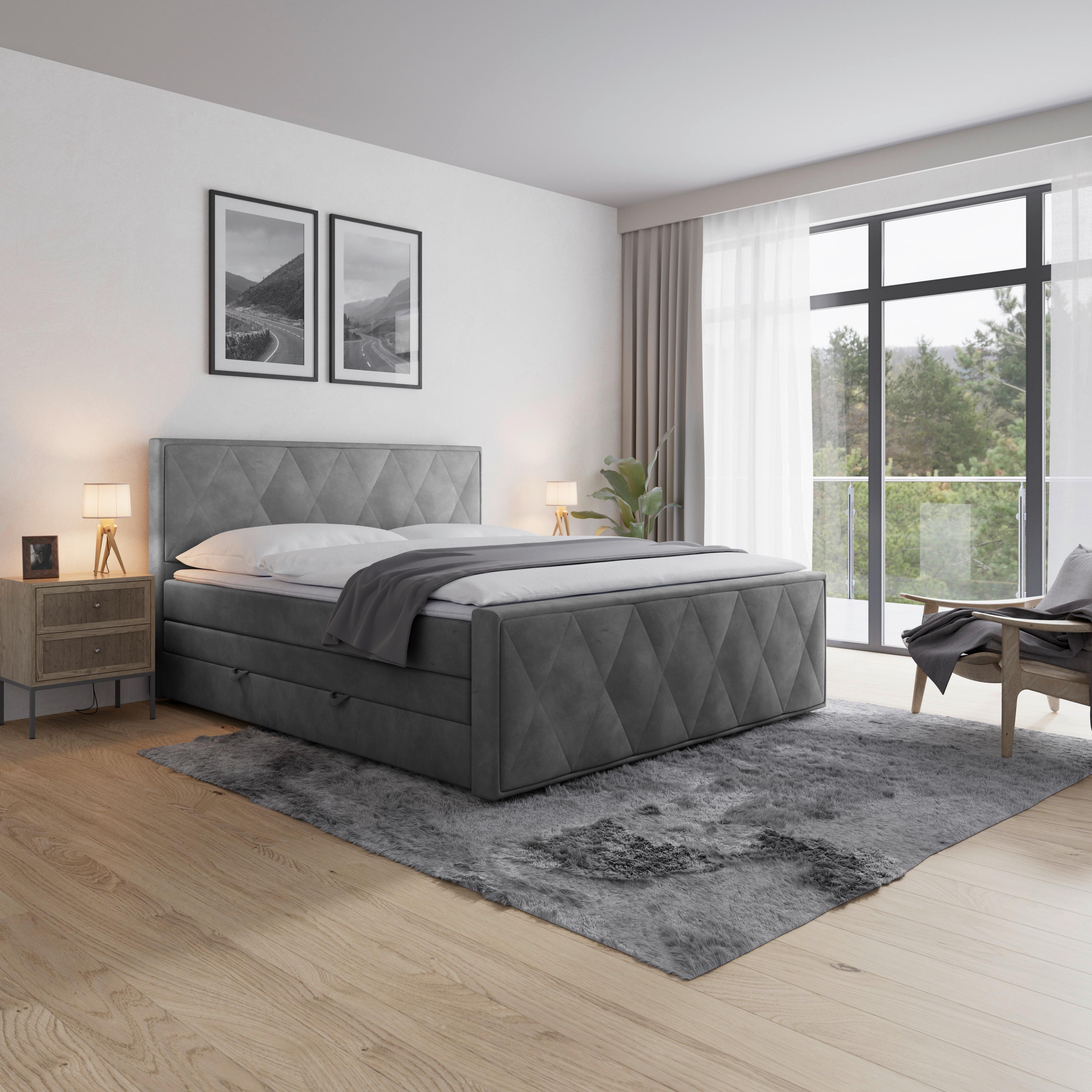 Boxspringbett Porto 180x200 cm Hellgrau - Hellgrau/Schwarz, MODERN, Karton/Holzwerkstoff (180/200cm) - MID.YOU