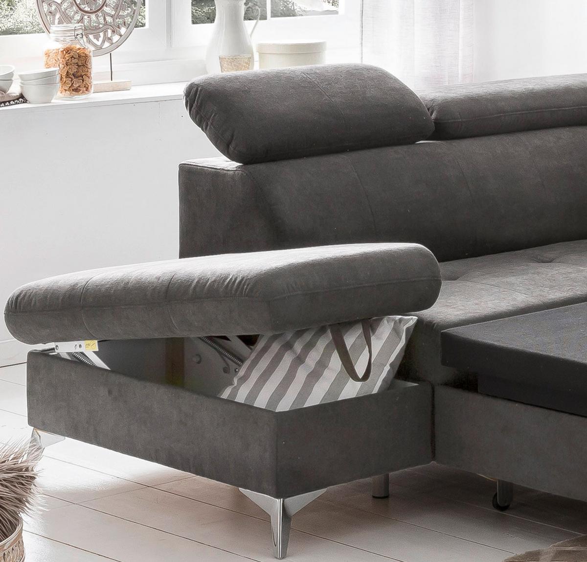 Ecksofa mit Schlaffunktion Gisele und Bettkasten Grau - Chromfarben/Grau, KONVENTIONELL, Textil (209/256cm) - Livetastic