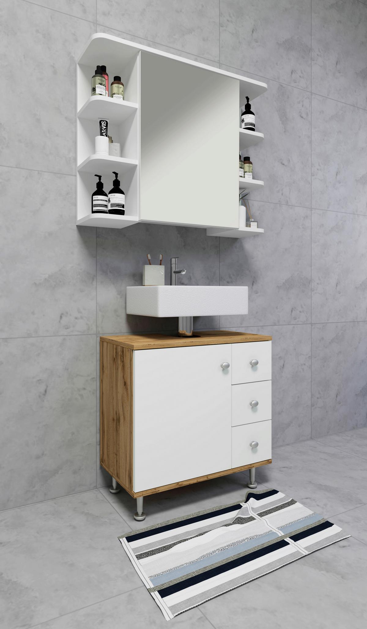 Waschbeckenunterschrank Nilosi M - Honigeiche/Silberfarben, MODERN, Holzwerkstoff (60/61/33cm) - MID.YOU