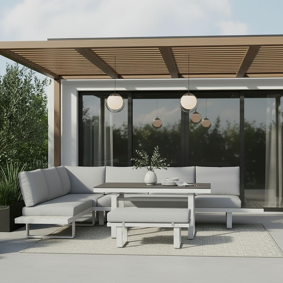 JÍDELNÍ TERASOVÁ SOUPRAVA LEANDRA - bílá/světle šedá, Moderní, kov/textil (288/253cm) - Bessagi Garden