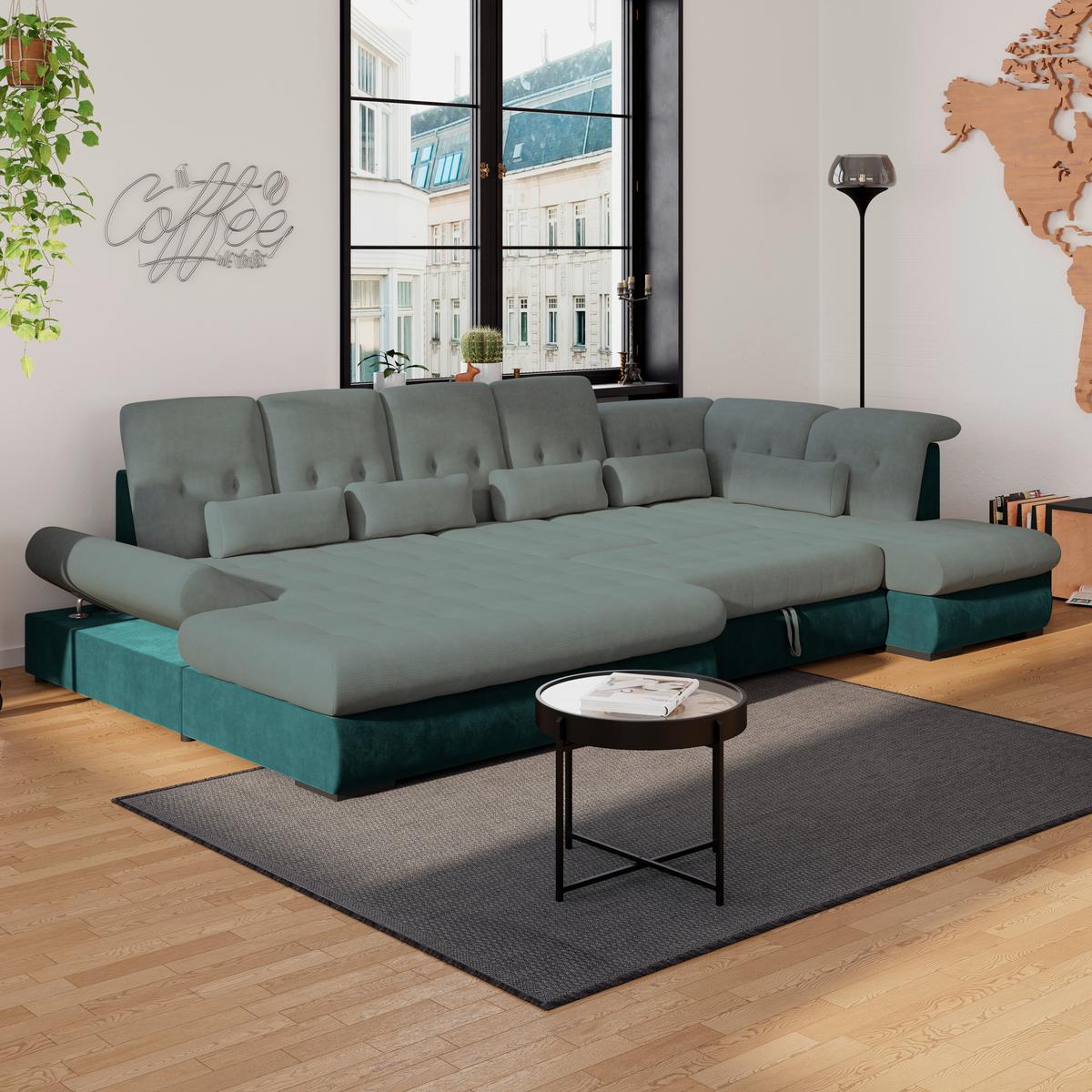 Wohnlandschaft Madera Grün, S: 358x212 cm - Türkis/Schwarz, KONVENTIONELL, Kunststoff/Textil (190/358/212cm)