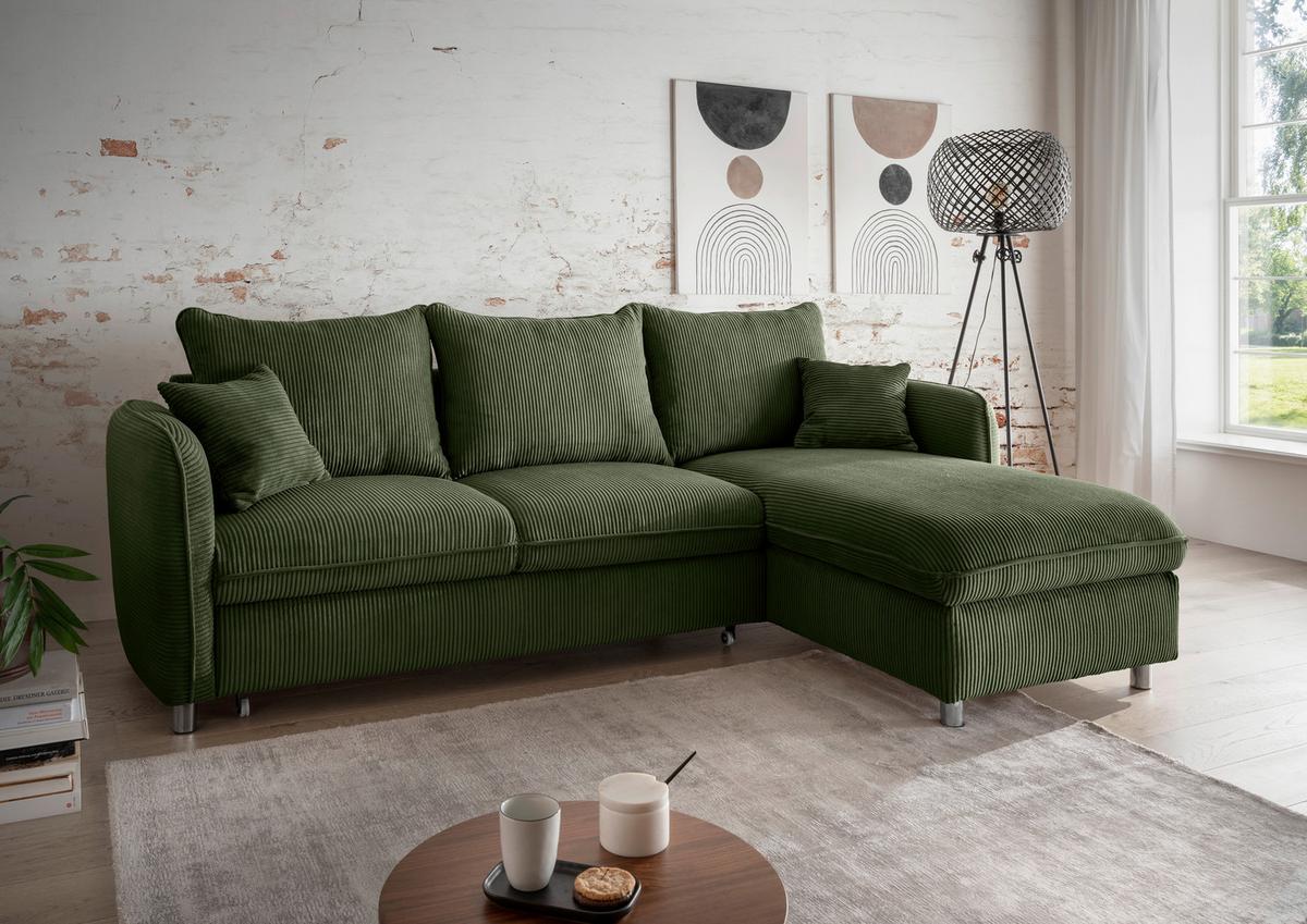 Eckschlafsofa Lauritio Dunkelgrün S: 254x160 cm - Chromfarben/Dunkelgrün, MODERN, Textil (254/160cm) - Livetastic