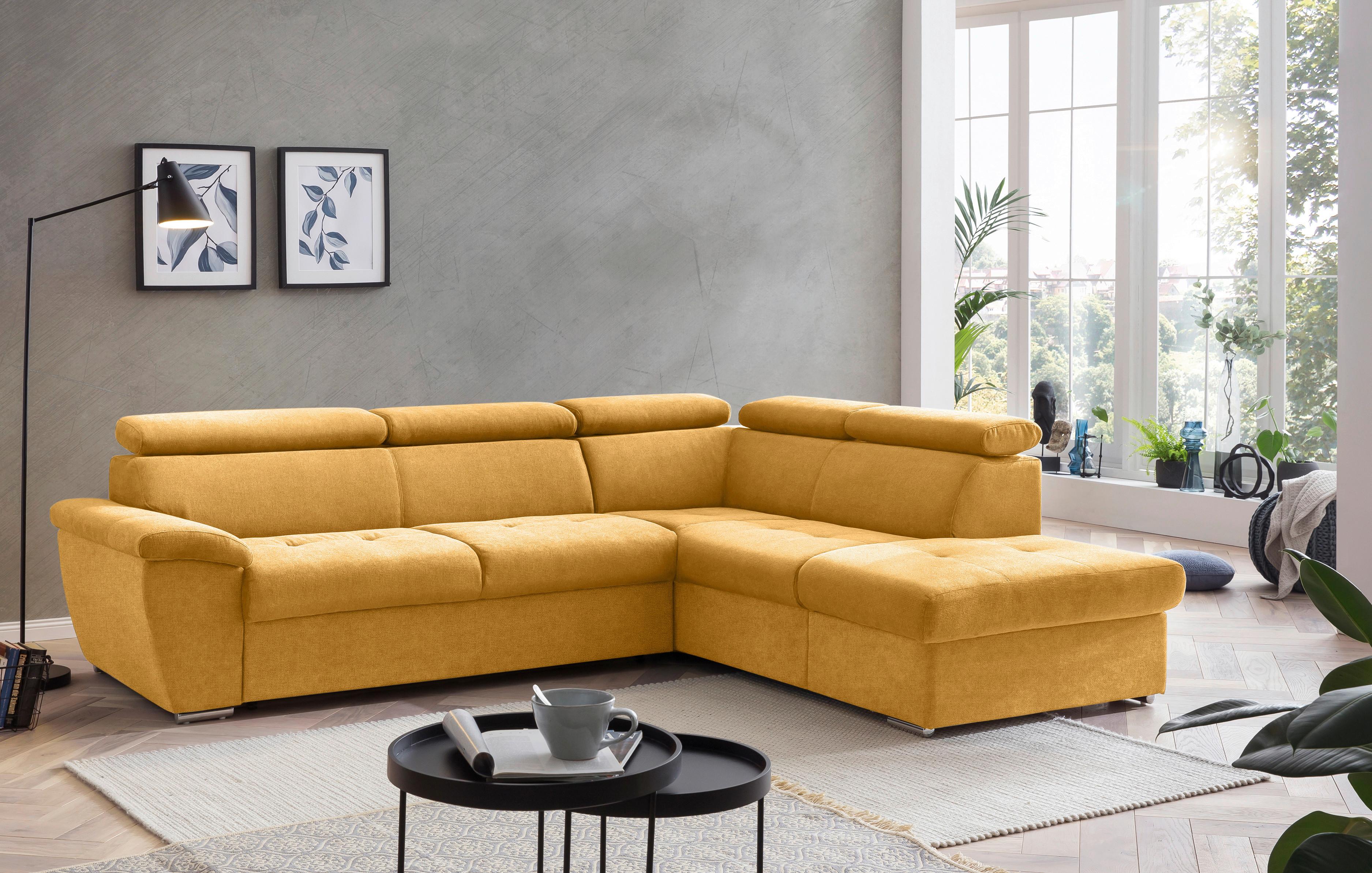Ecksofa mit Schlaffunktion und Bettkasten Antero Currygelb - Chromfarben/Currygelb, Design, Textil (262/216cm) - Livetastic