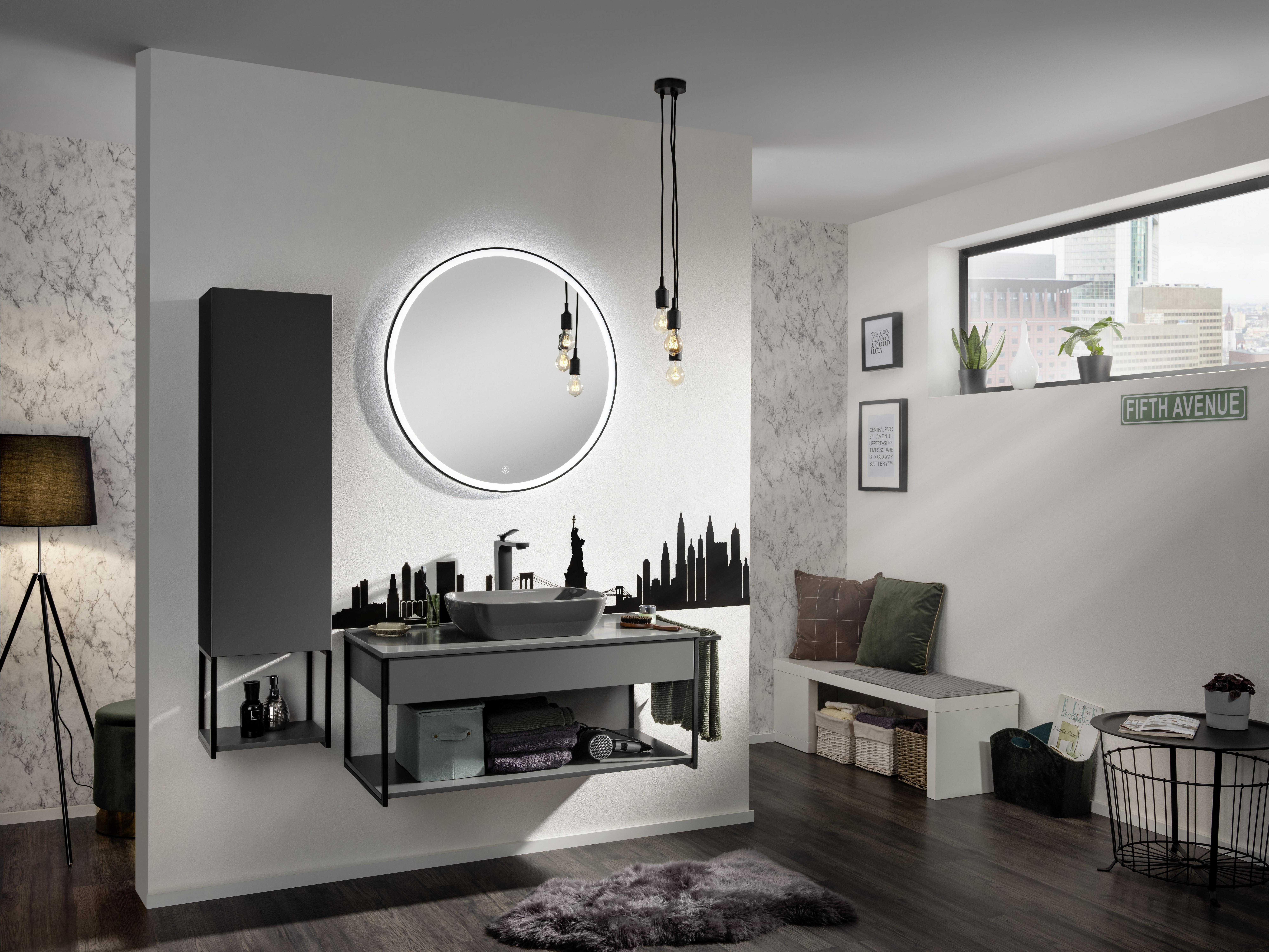 Wandspiegel New York Rund DM: 80cm Glas Schwarz + Rahmen Led - Schwarz, MODERN, Glas (80/80/3cm) - MID.YOU