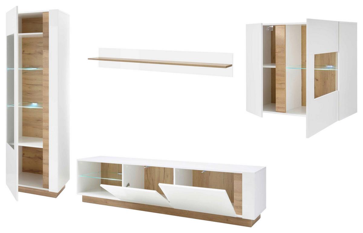 Wohnwand Clair Weiß/Eichefarben B: 315cm - Eichefarben/Weiß, Design, Glas/Holzwerkstoff (315/194/40cm) - MID.YOU