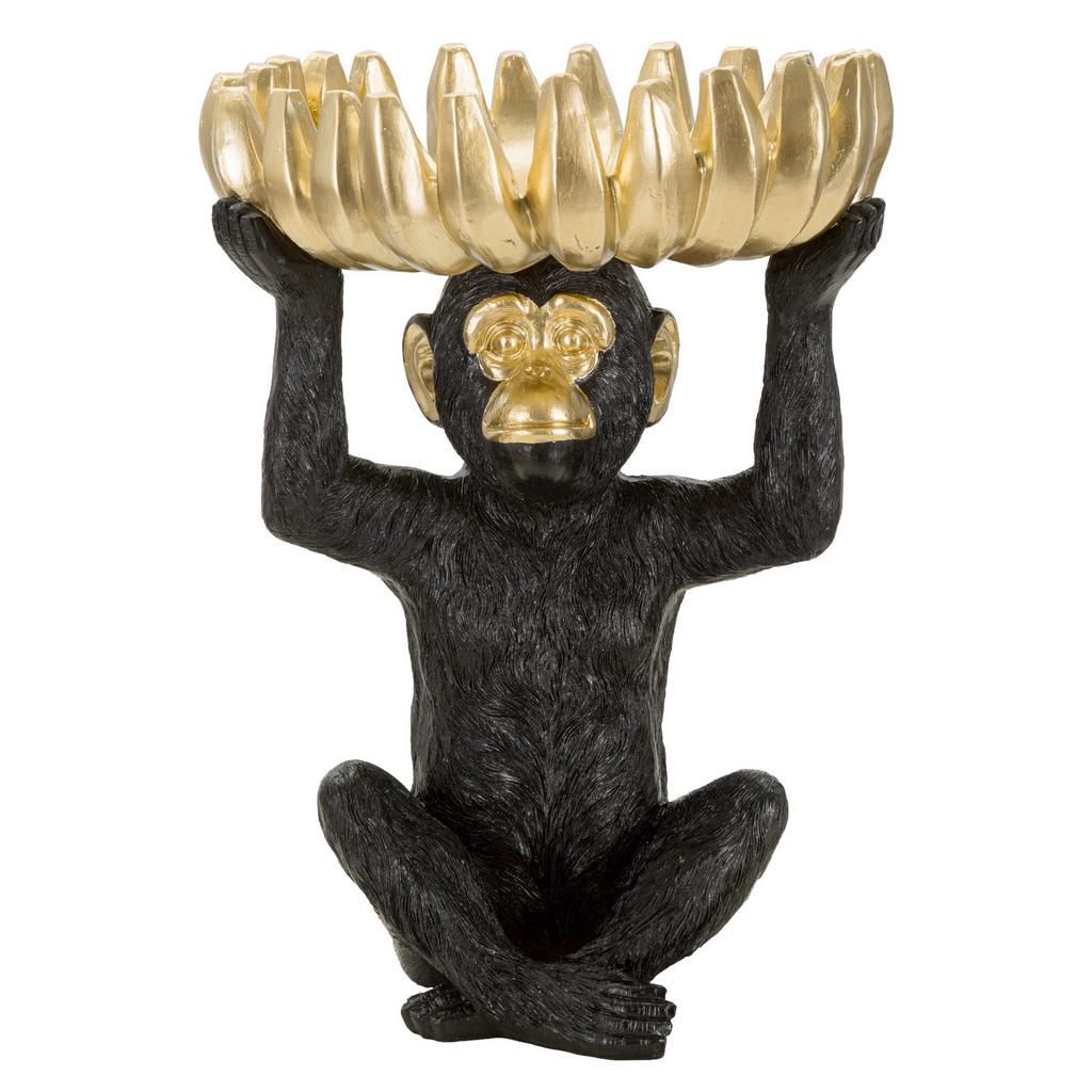 Skulptur Monkey Tray Banane Schwarz Goldfarben, B: 23 cm