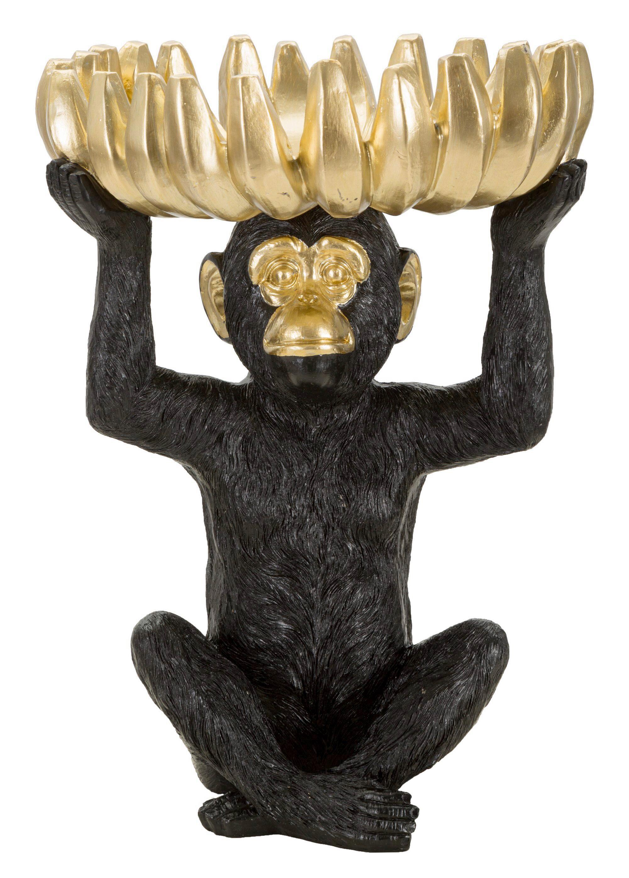 Skulptur Monkey Tray Banane Schwarz Goldfarben, B: 23 cm