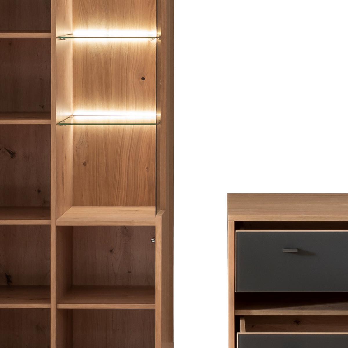 Wohnkombination Teilmassiv 3tlg. Valencia Anthrazit - Eiche Bianco/Anthrazit, Design, Glas/Holz (258/207/50cm) - MID.YOU