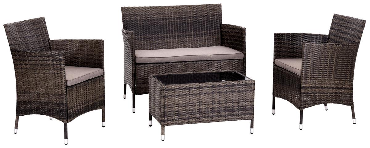 Loungegarnitur 4-Tlg Valencia Kunststoff/Glas mit Kissen - Dunkelbraun/Creme, MODERN, Glas/Kunststoff - Ondega