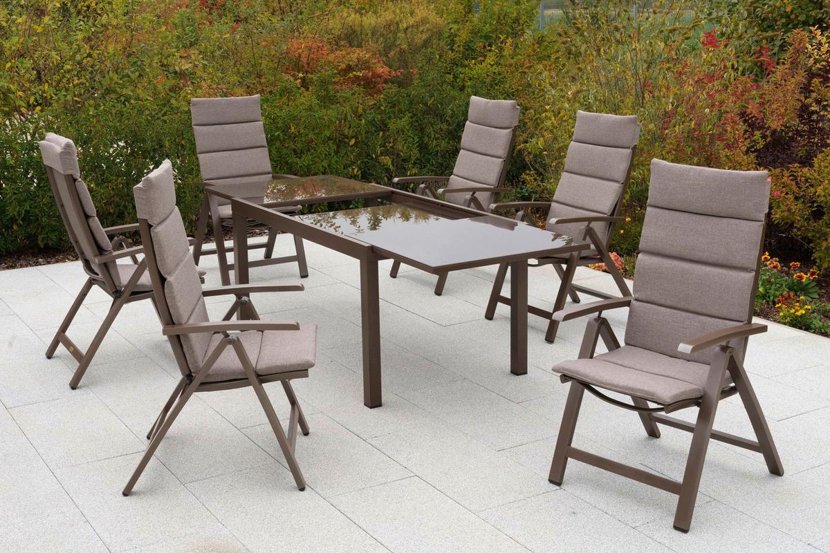 Gartentischgruppe Tinetto 7--Teilig. Aus Aluminium +auflagen - Taupe/Braun, KONVENTIONELL, Glas/Textil - Gardenson