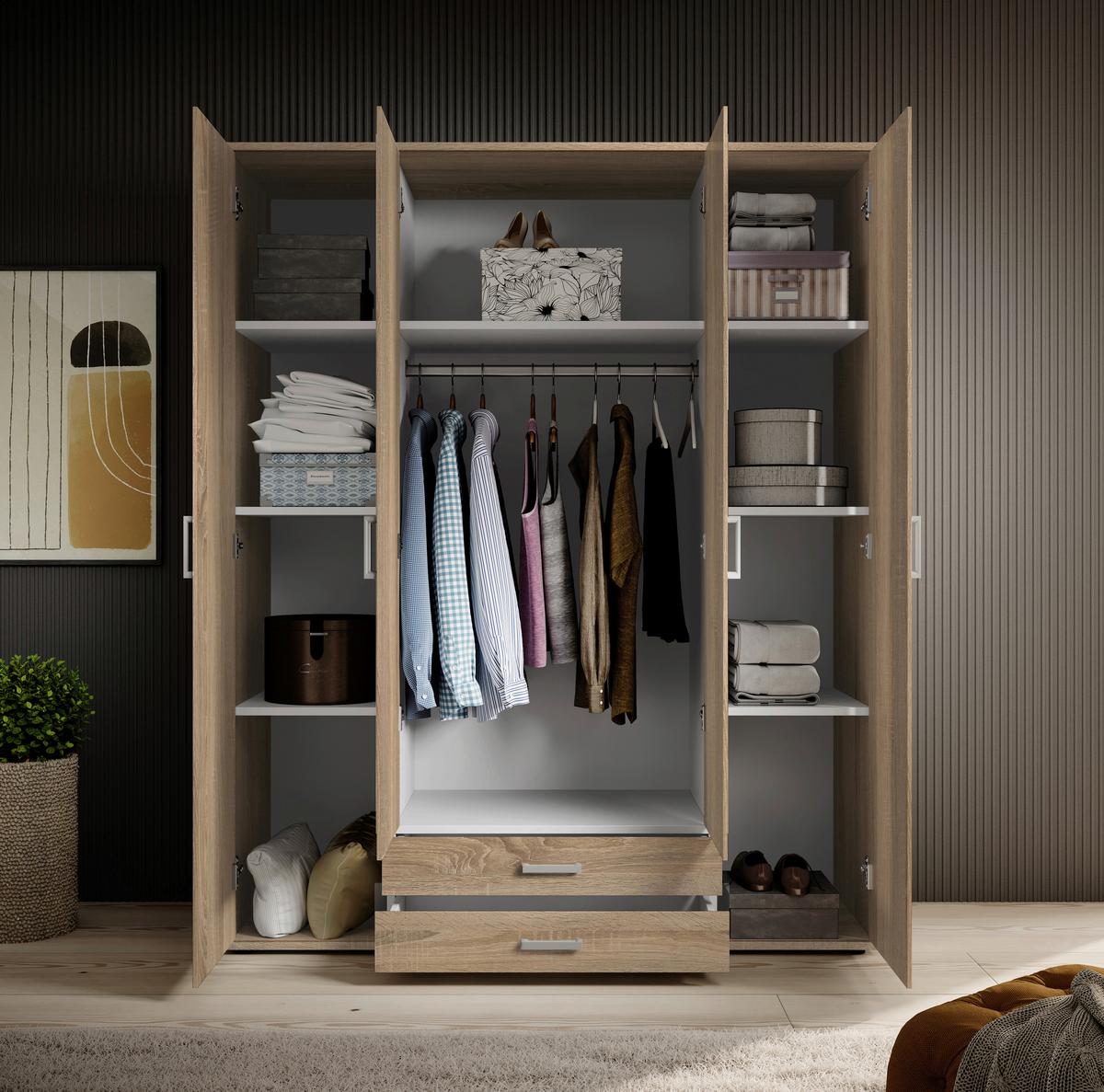 Drehtürenschrank Mit 2 Laden 160cmpaul,sonoma Eiche 4-Türig - Sonoma Eiche, Basics, Glas/Holzwerkstoff (160/196/54cm)
