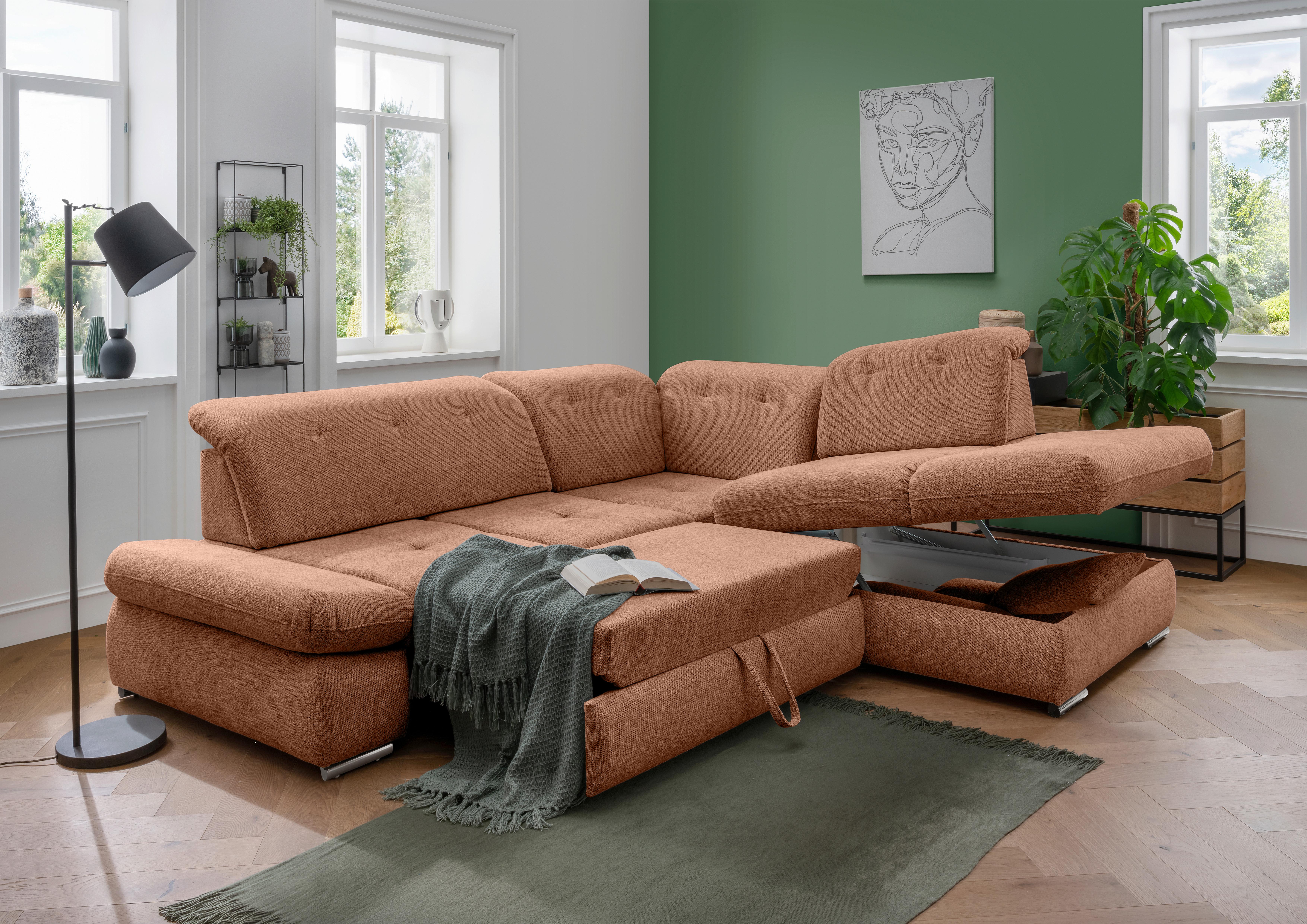 Ecksofa mit Schlaffunktion Dalida Koralle, S: 280x254 cm - Chromfarben/Koralle, Design, Textil (280/254cm) - Livetastic