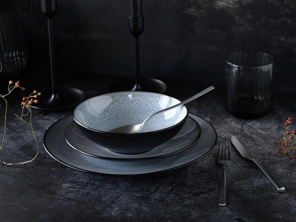 Tafelservice Malmö Schwarz, Grauweiß 12--Teilig - Grauweiß/Schwarz, Basics, Keramik - Creatable