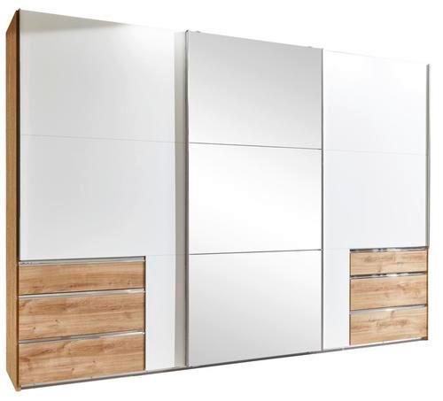 Schwebetürenschrank mit Spiegel + Laden 300cm Level 36a, Weiß - Eichefarben/Weiß, MODERN, Glas/Holzwerkstoff (300/216/65cm) - MID.YOU