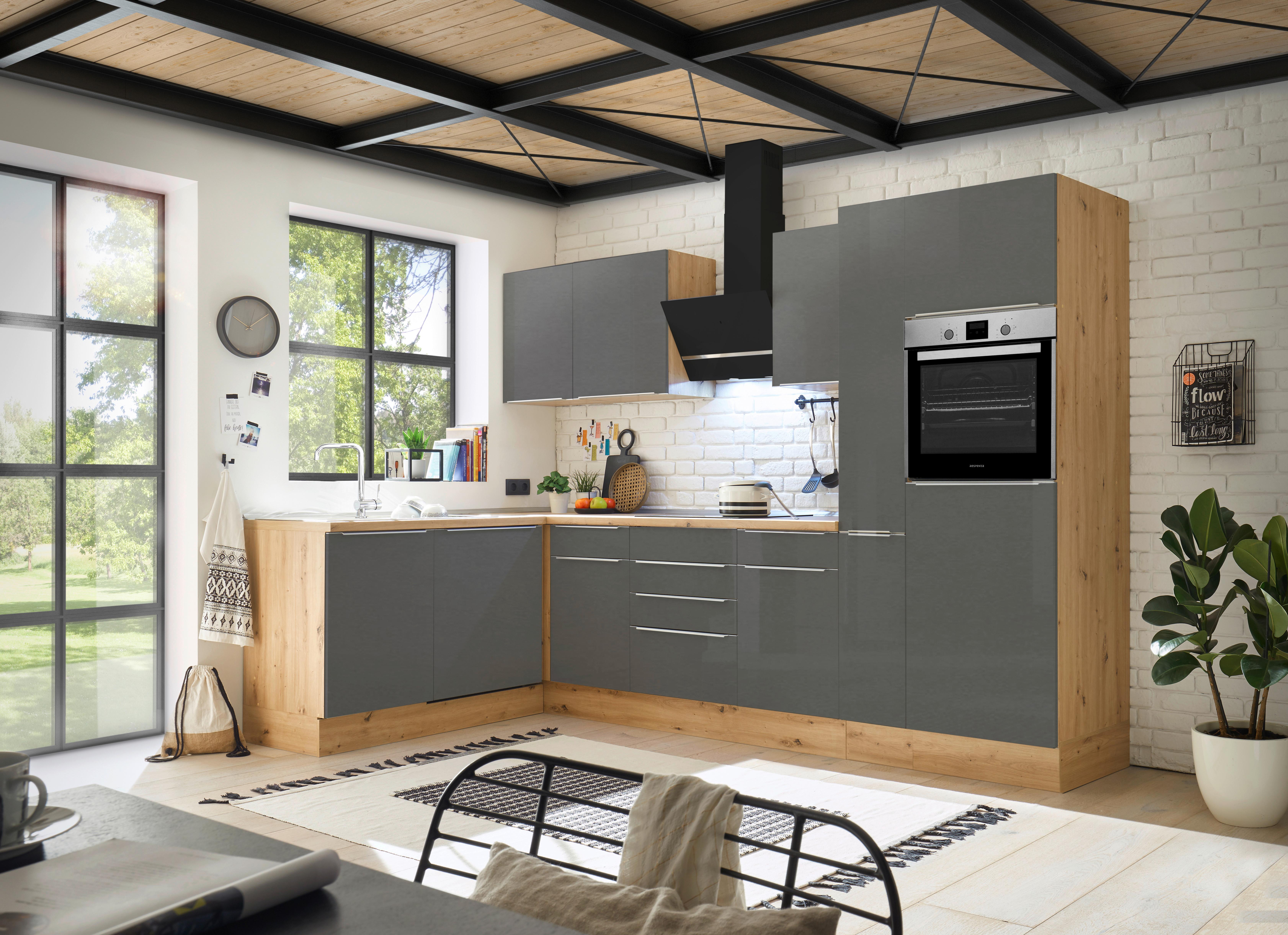 Eckküche mit Geräten 310x170 cm Grau/Eiche Dekor, Modern