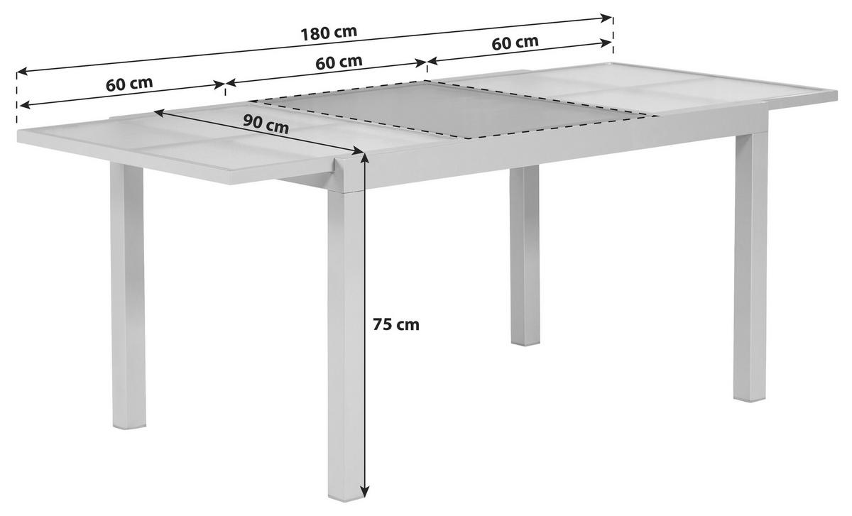 Gartentisch Ausziehbar Metall/glas L 120-180 Cm - Silberfarben, MODERN, Glas/Metall (120-180/90/75cm) - Gardenson