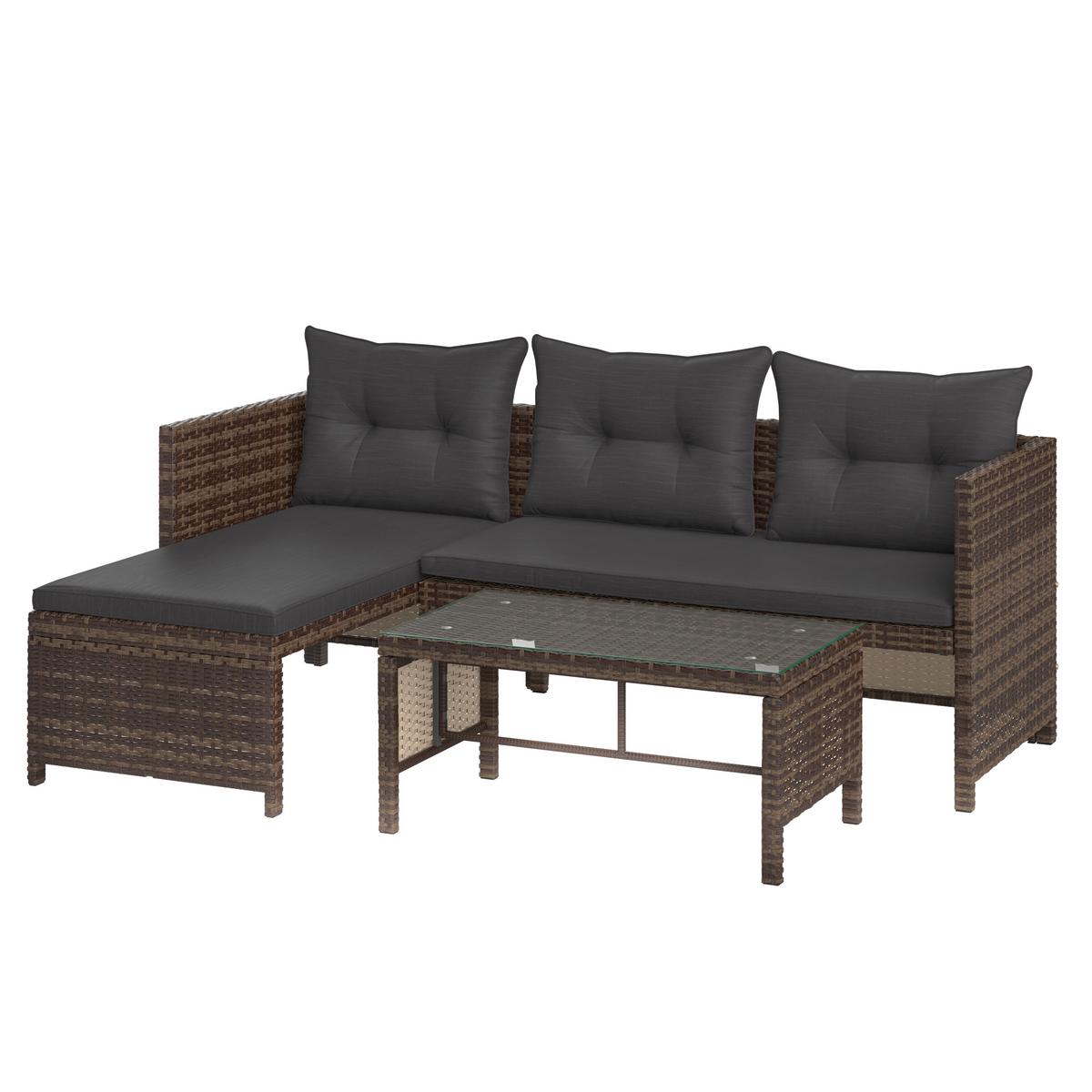 Loungegarnitur 3-Tlg. Vegas Polyrattan/Stahl mit Kissen - Graubraun/Schwarz, MODERN, Glas/Kunststoff - Luca Bessoni