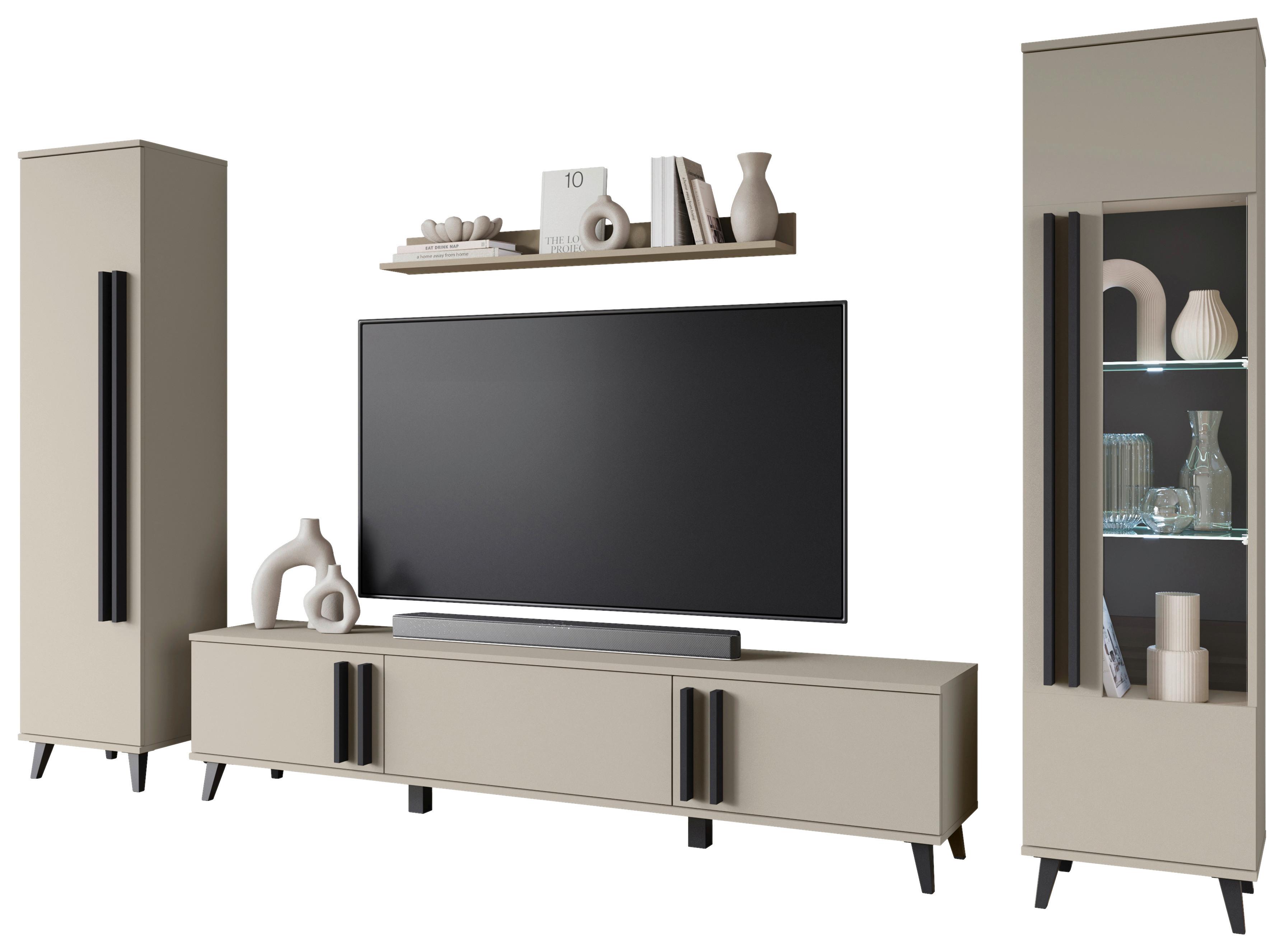 Wohnwand Helsinki 02 Beige/Congo B: 260 cm - Beige/Schwarz, Trend, Glas/Holzwerkstoff (260/159,5/33cm) - P & B