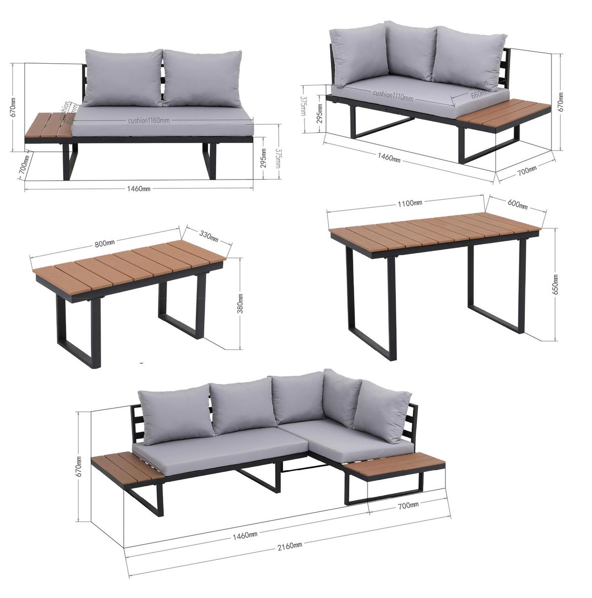 Loungegarnitur 4-tlg Aarhus Metall/holz Mit Kissen - Schwarz/Naturfarben, MODERN, Kunststoff/Textil (146/216cm) - Beldano