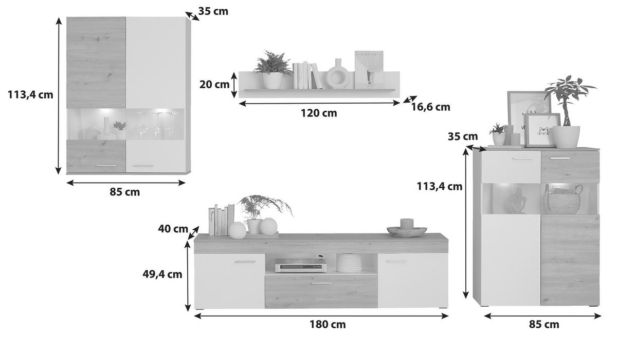Wohnkombination 4 Tlg. Valencia - MODERN, Glas/Holzwerkstoff (350/190/40cm)