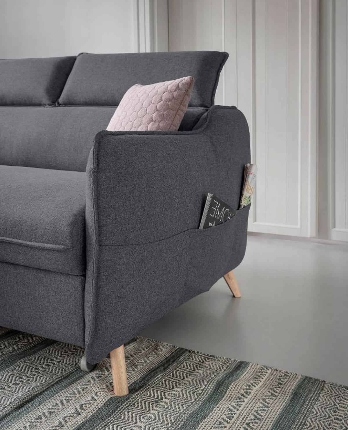 Rozkladacia sedačka Simone, ľavé prevedenie - sivá/prírodná farba, Modern, drevo/textil (228/82/95/162cm)