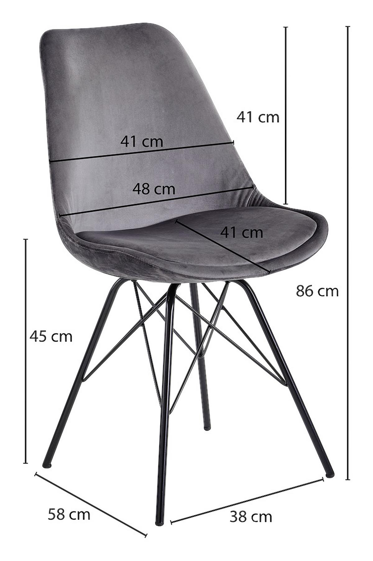 Schalenstuhl Grau Gepolstert Samt 2er-Set - Schwarz/Grau, MODERN, Textil/Metall (48/86/58cm) - MID.YOU