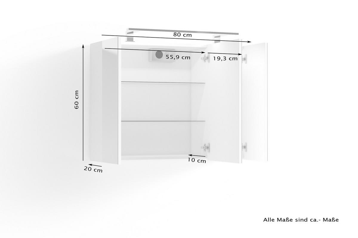 Spiegelschrank Spree Mit Led 3-Türig Bxhxt 80x60x20 Cm Weiß - Weiß, MODERN, Glas/Holzwerkstoff (80/60/20cm) - MID.YOU