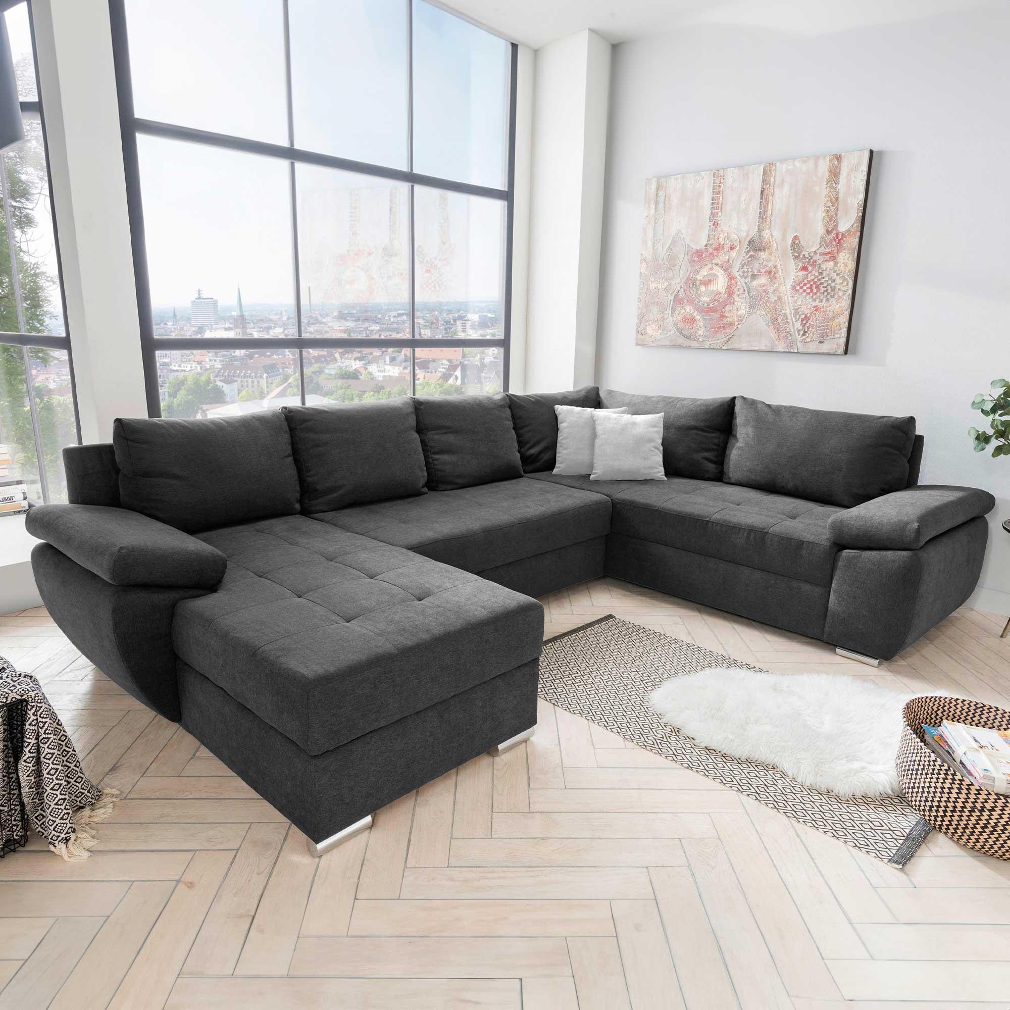 Wohnlandschaft Terana Mit Schlaffunktion, Anthrazit - Chromfarben/Anthrazit, KONVENTIONELL, Textil (157/305/219cm) - Livetastic