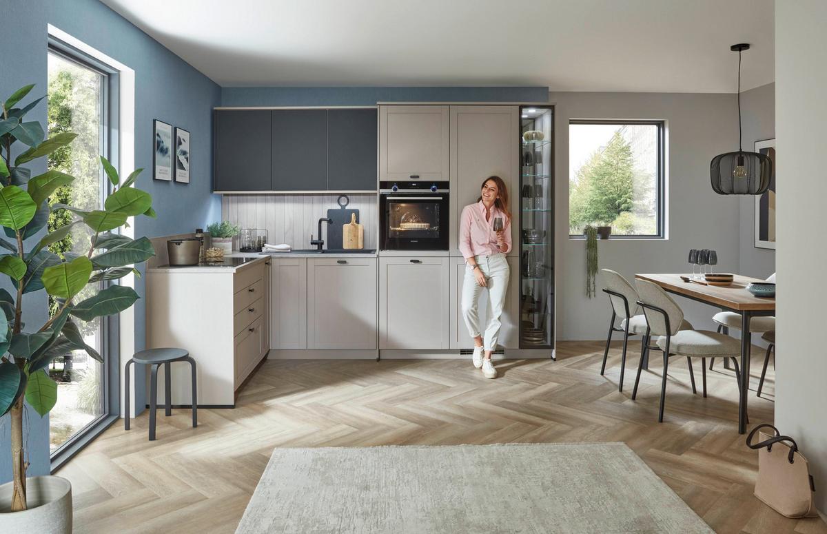 Eckküche Fermo/Eastbourne - Hellbraun/Blau, MODERN, Holzwerkstoff (181,8/303,4cm) - Vertico