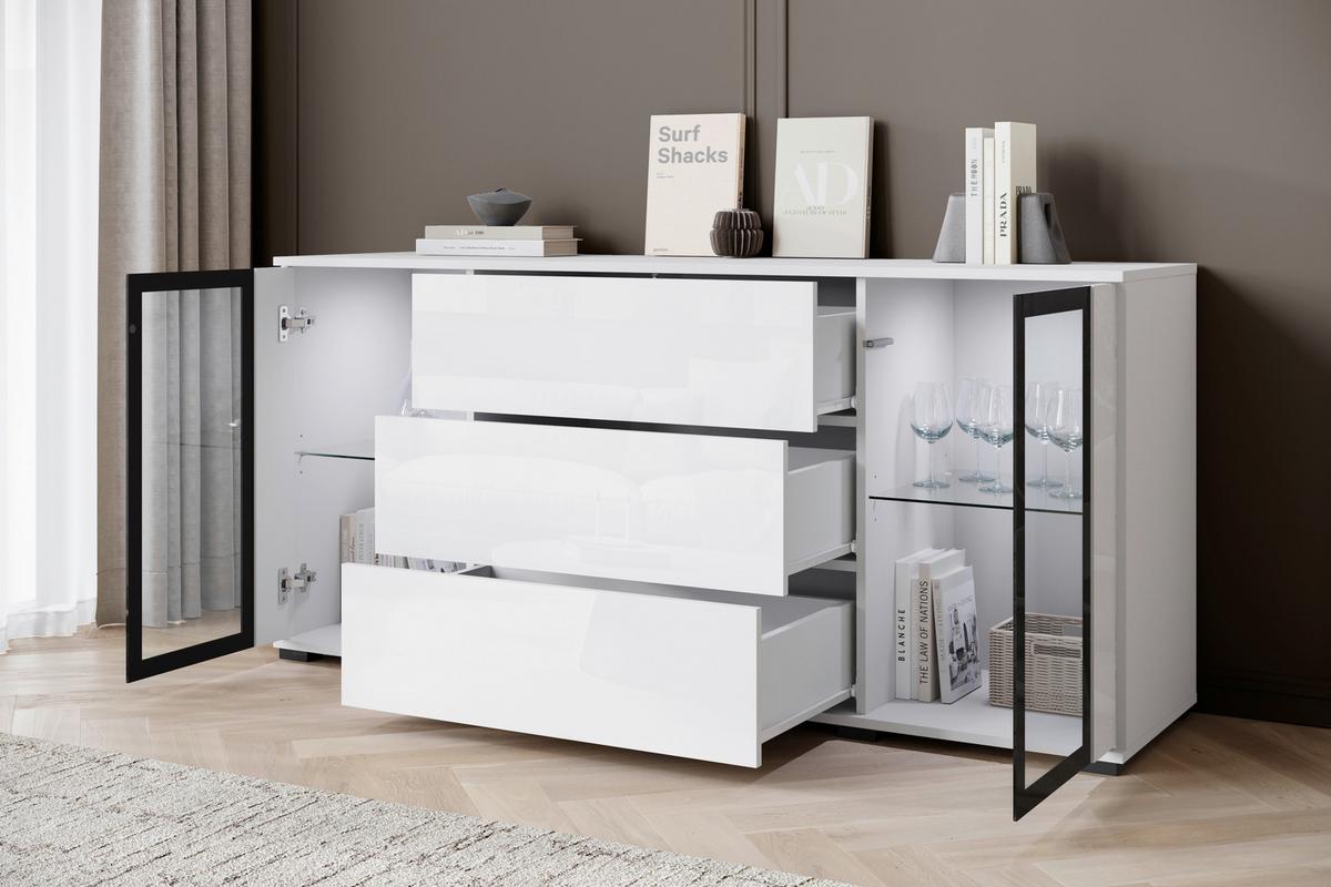 Kommode Caro Weiß B: 150 cm - Weiß Hochglanz/Schwarz, Design, Glas/Holzwerkstoff (150/69,7/39,5cm) - Livetastic