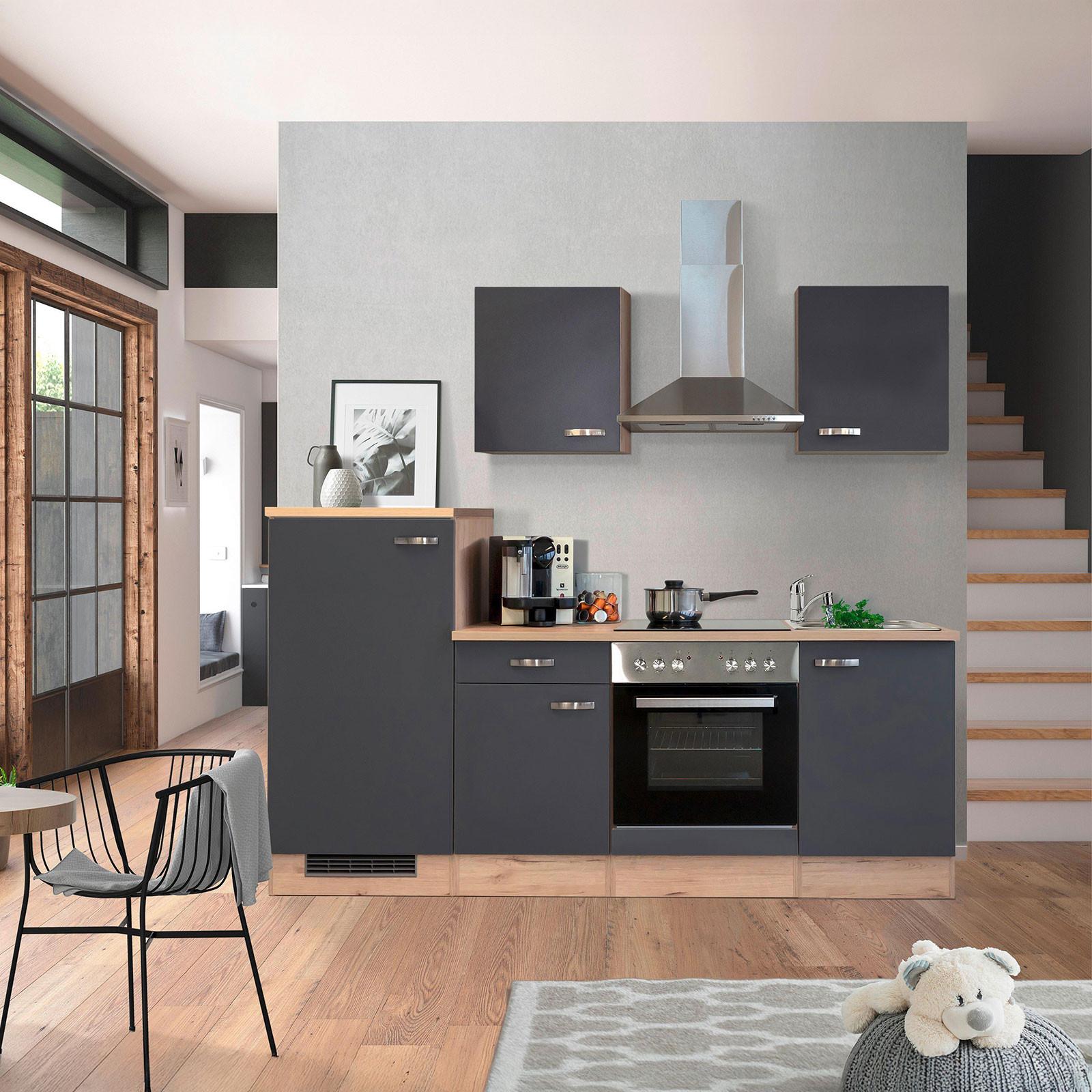 Kuchynský blok SHADOW vr.4 spotrebičov, šířka 220 cm - dub San Remo/farba ušľachtilej ocele, Modern, kov/kompozitné drevo (220/200/60cm)