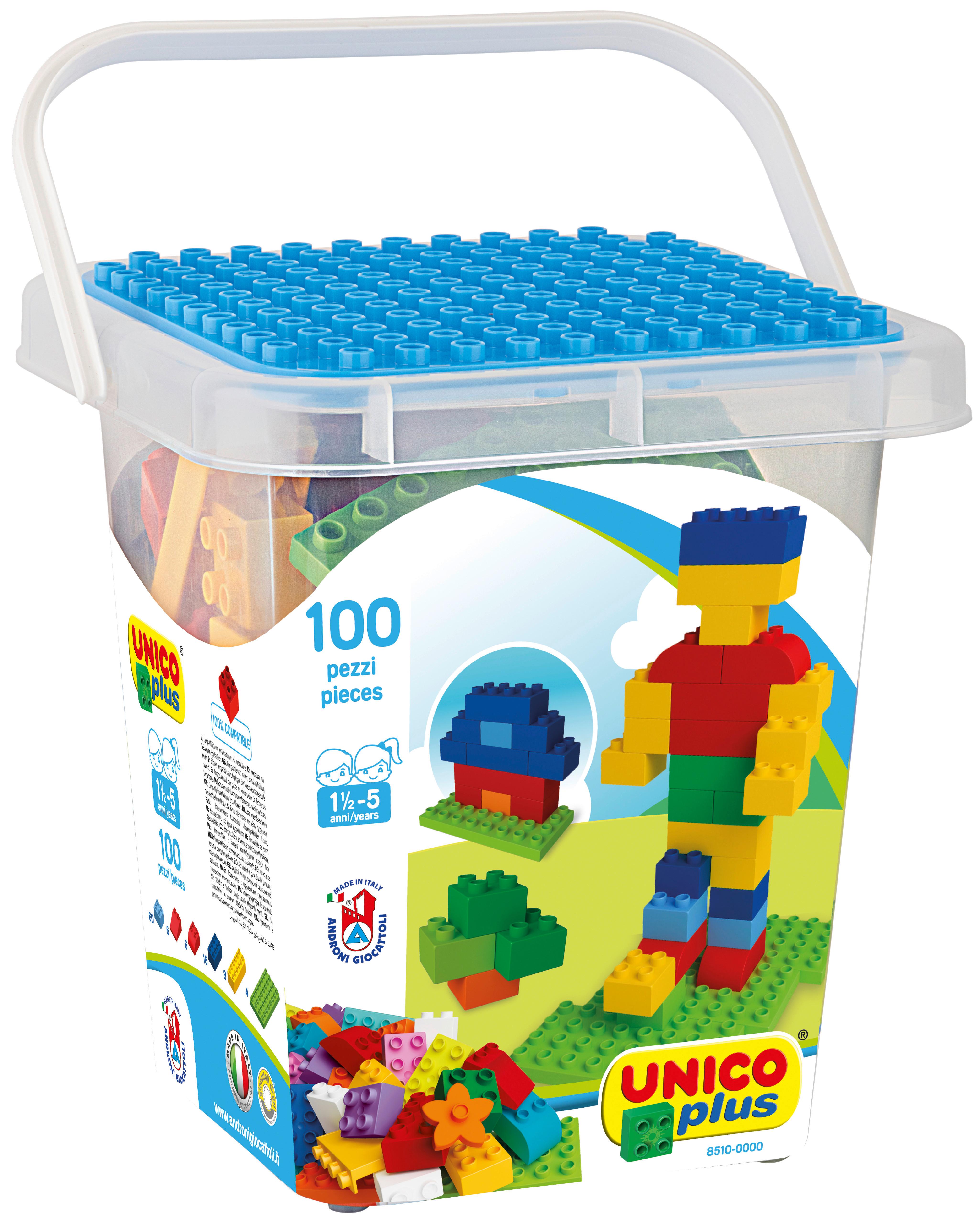 Bausteine 100 Teile, Ab 3 Jahren, inkl. Eimer und Platte - Blau/Gelb, Basics, Kunststoff (18/20/20cm) - Unico Plus